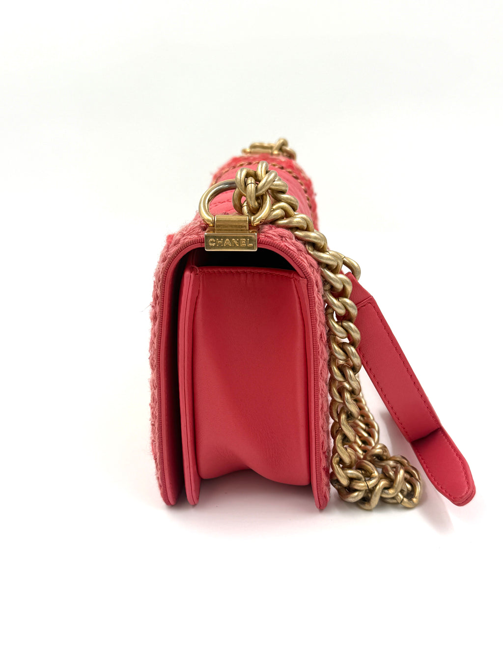 Pre-Owned Chanel Crocheted Tweed Edge Lambskin Medium Boy Bag Coral Pink - Authenticated