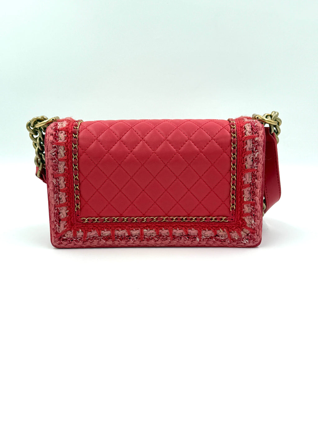 Pre-Owned Chanel Crocheted Tweed Edge Lambskin Medium Boy Bag Coral Pink - Authenticated