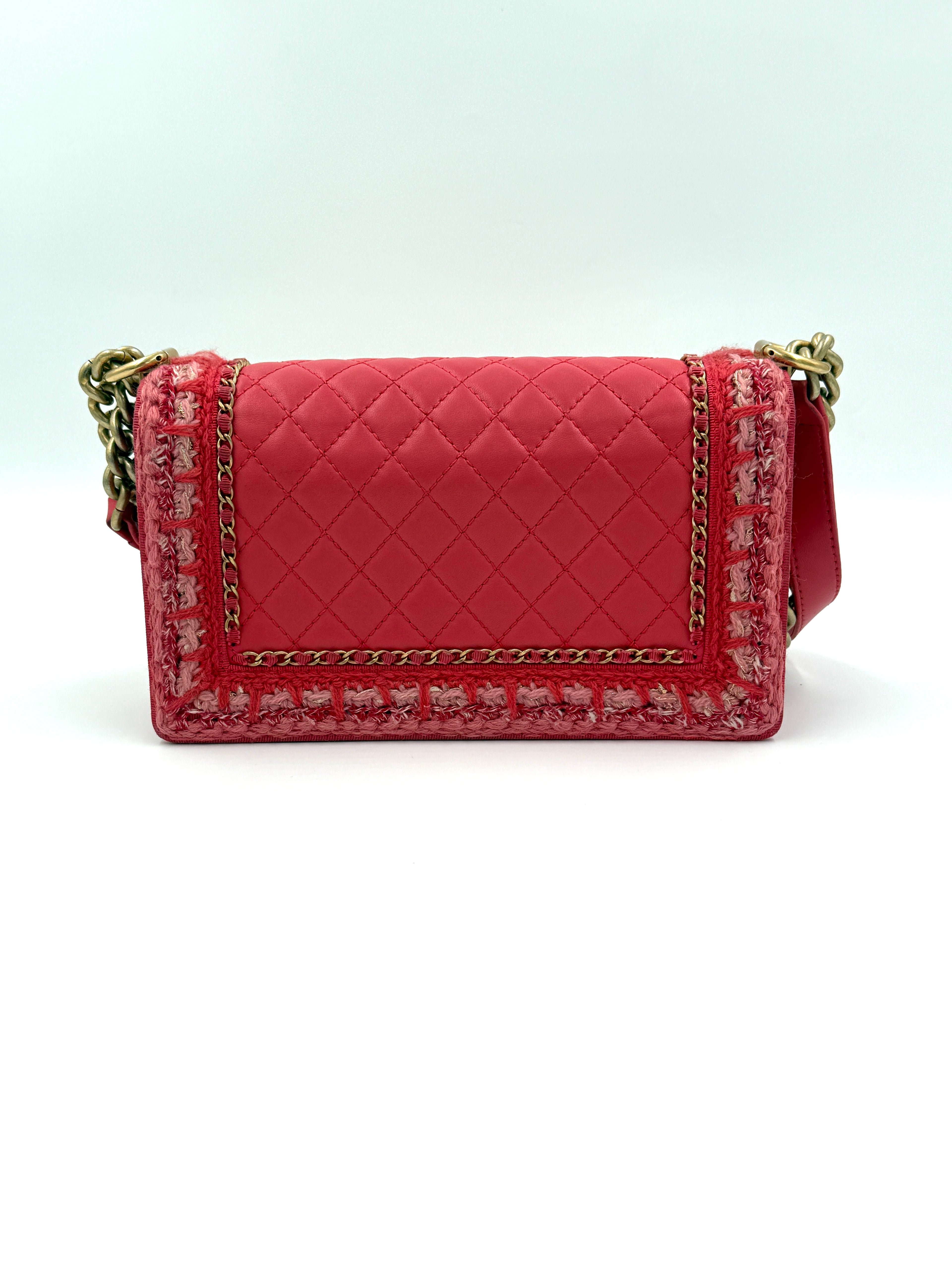 Pre-Owned Chanel Crocheted Tweed Edge Lambskin Medium Boy Bag Coral Pink - Authenticated