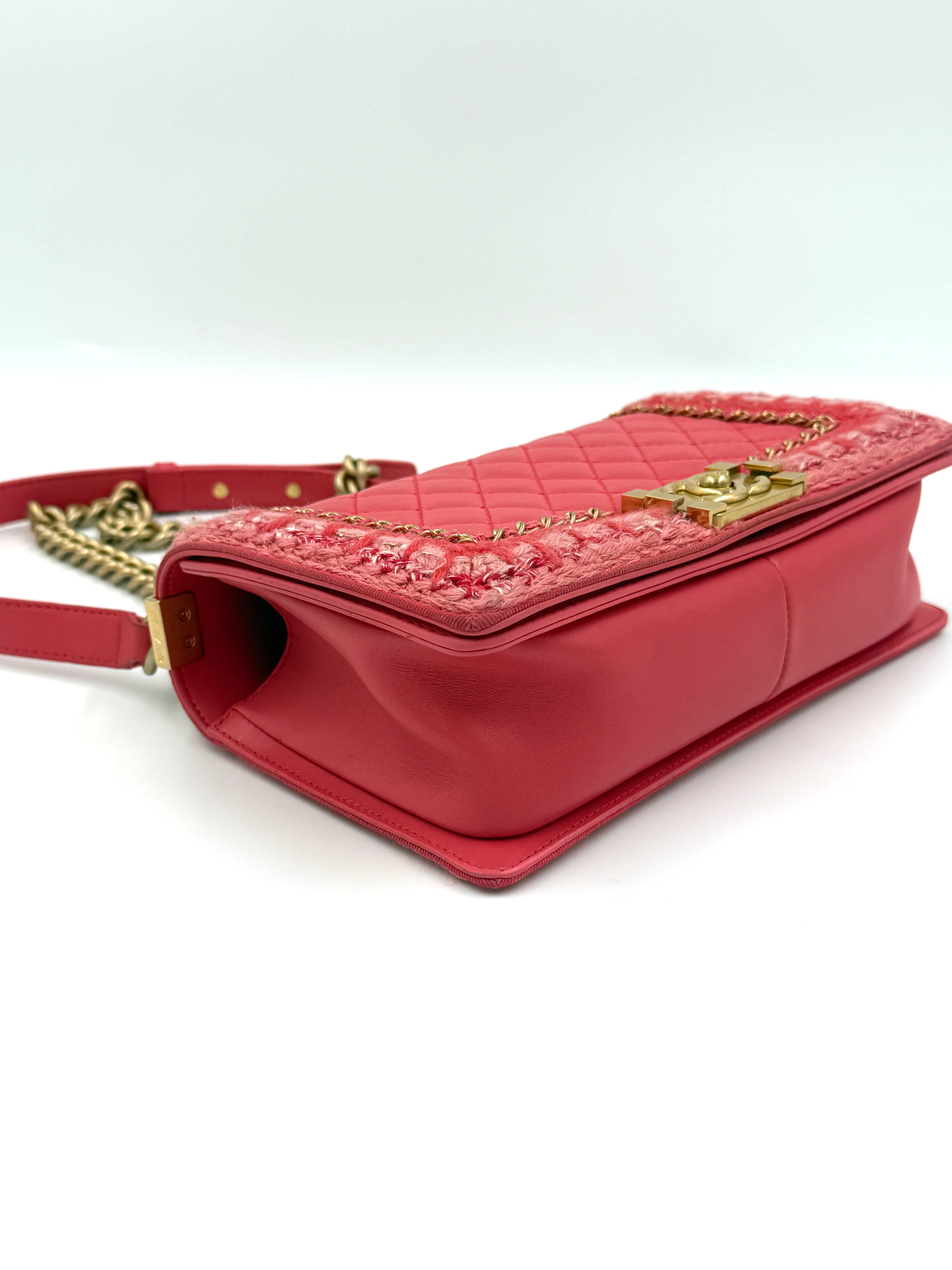 Pre-Owned Chanel Crocheted Tweed Edge Lambskin Medium Boy Bag Coral Pink - Authenticated