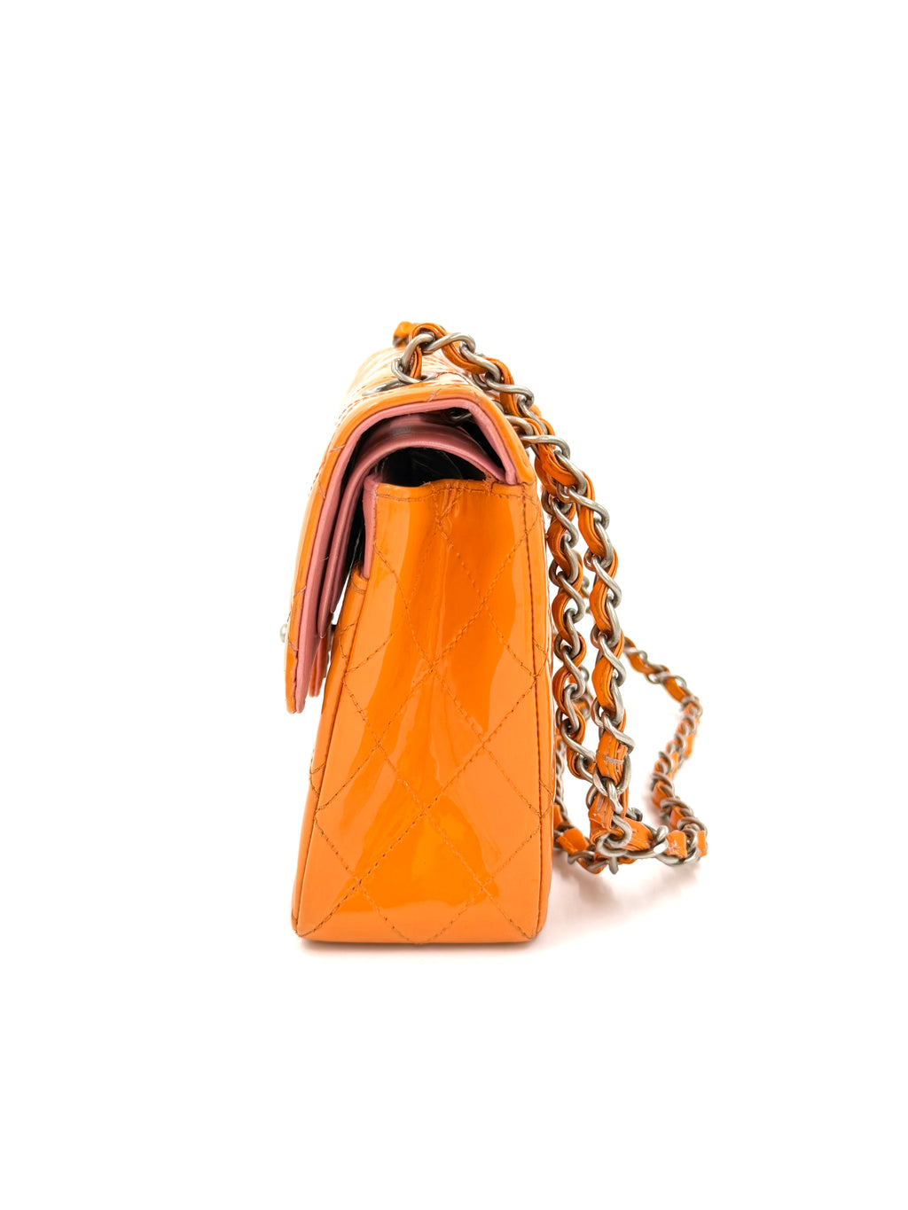 Pre-owned Chanel Classic Double Flap Bag Quilted Patent Medium Orange - Authenticated