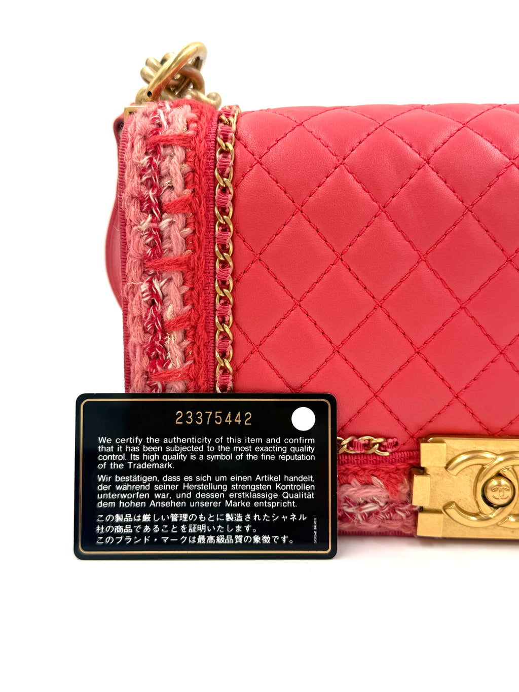 Pre-Owned Chanel Crocheted Tweed Edge Lambskin Medium Boy Bag Coral Pink - Authenticated