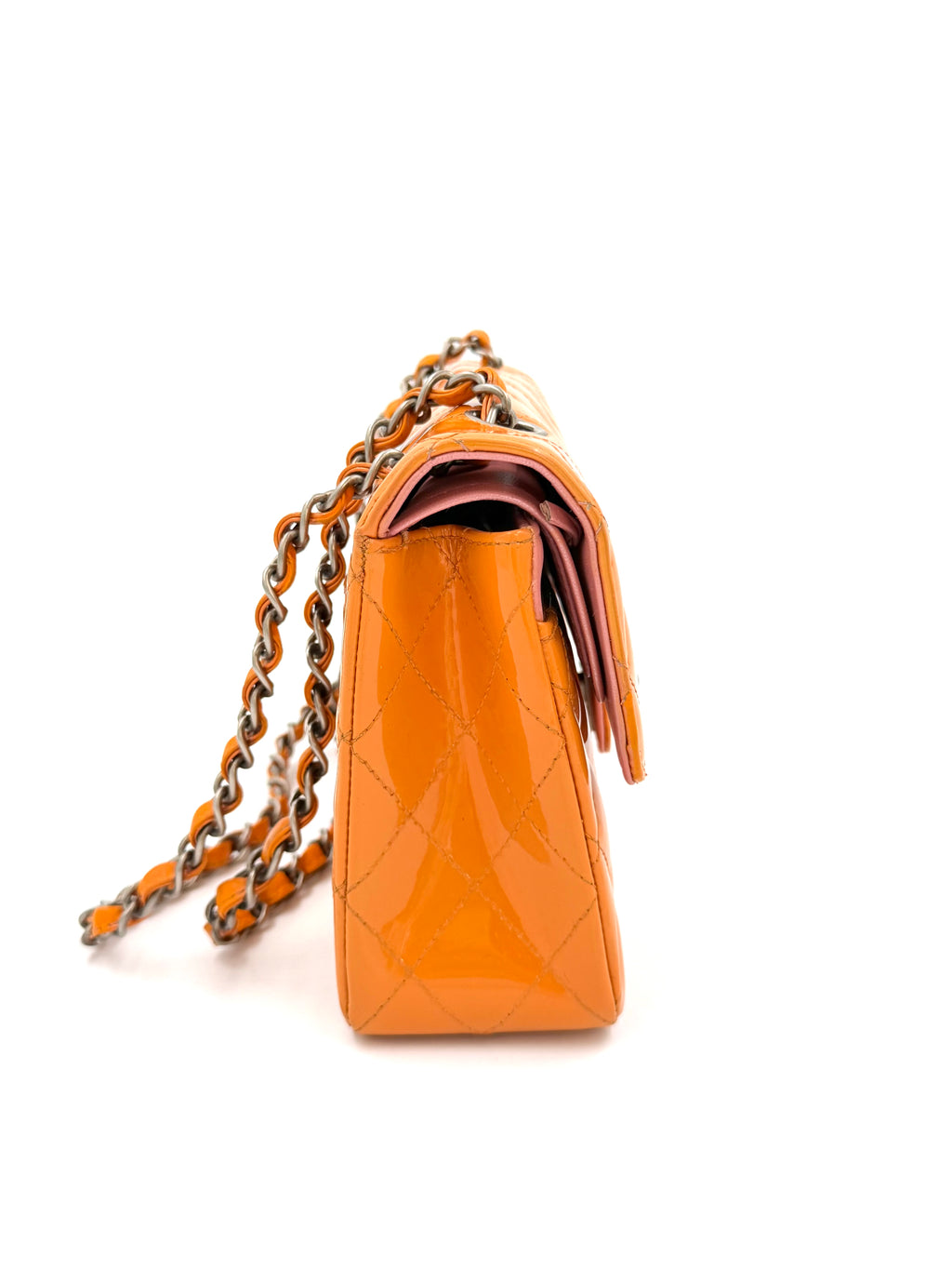 Pre-owned Chanel Classic Double Flap Bag Quilted Patent Medium Orange - Authenticated