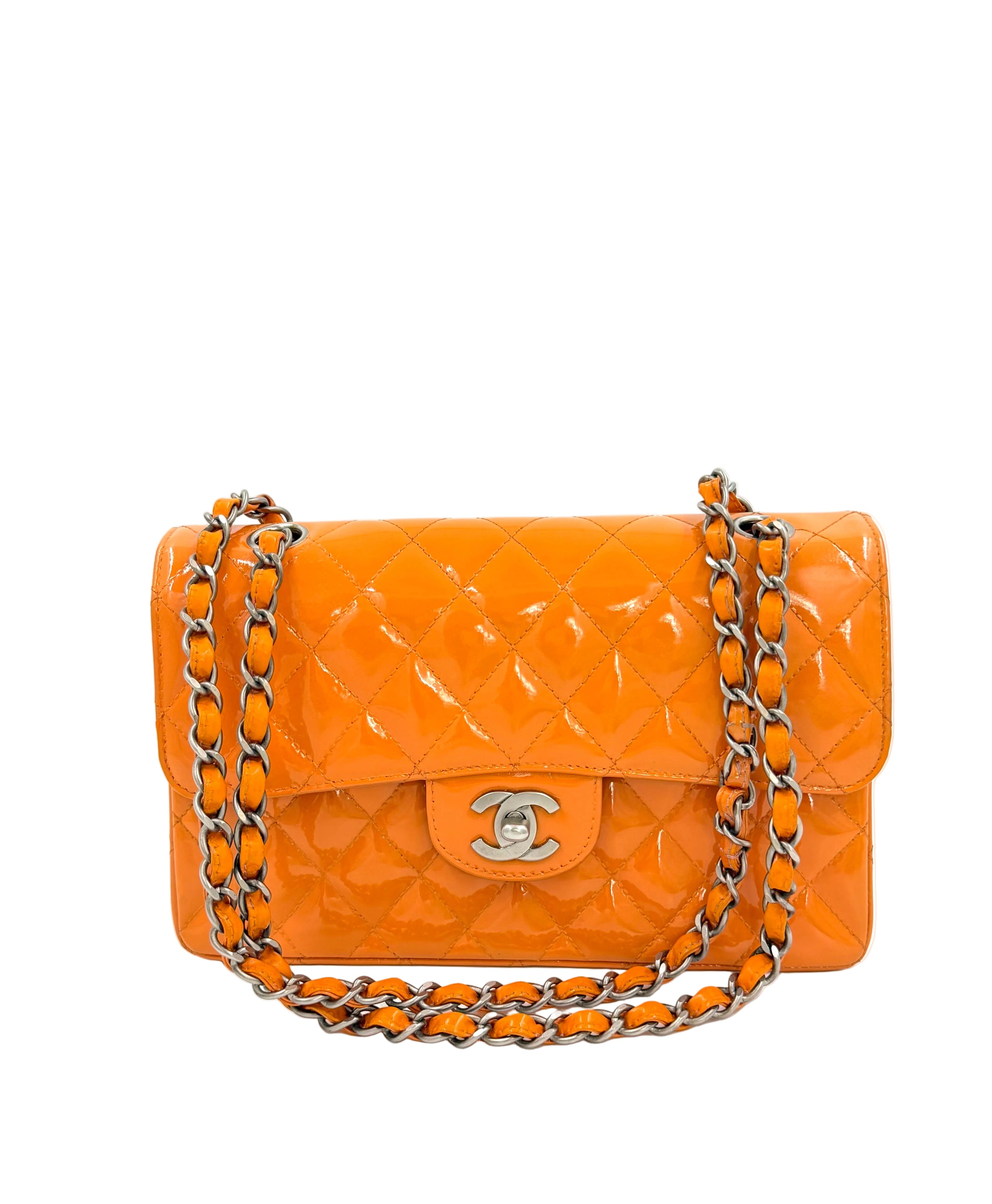 Pre-owned Chanel Classic Double Flap Bag Quilted Patent Medium Orange - Authenticated