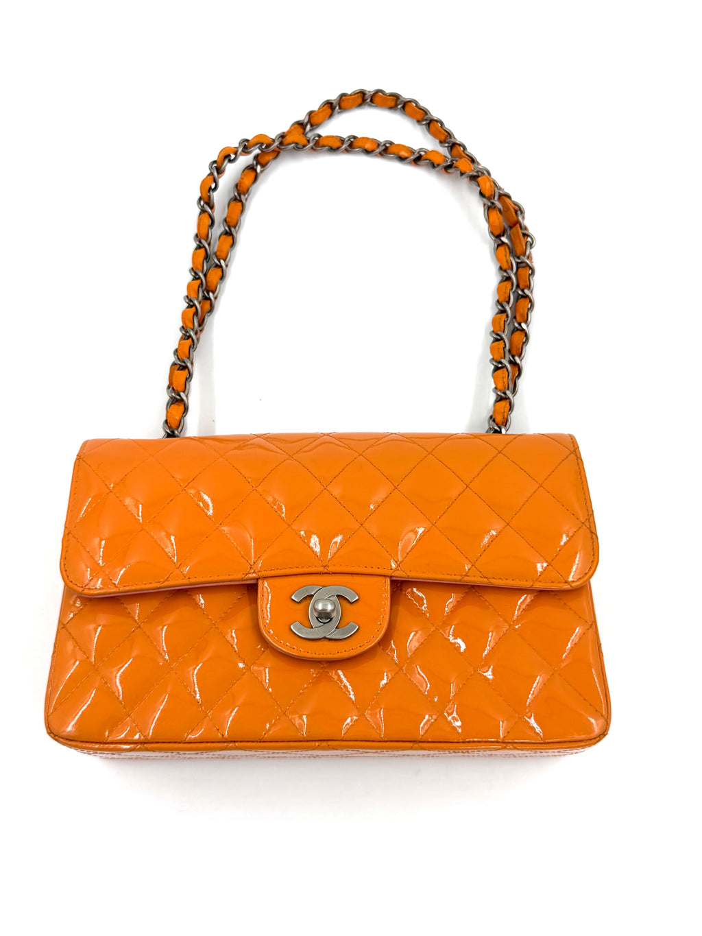 Pre-owned Chanel Classic Double Flap Bag Quilted Patent Medium Orange - Authenticated