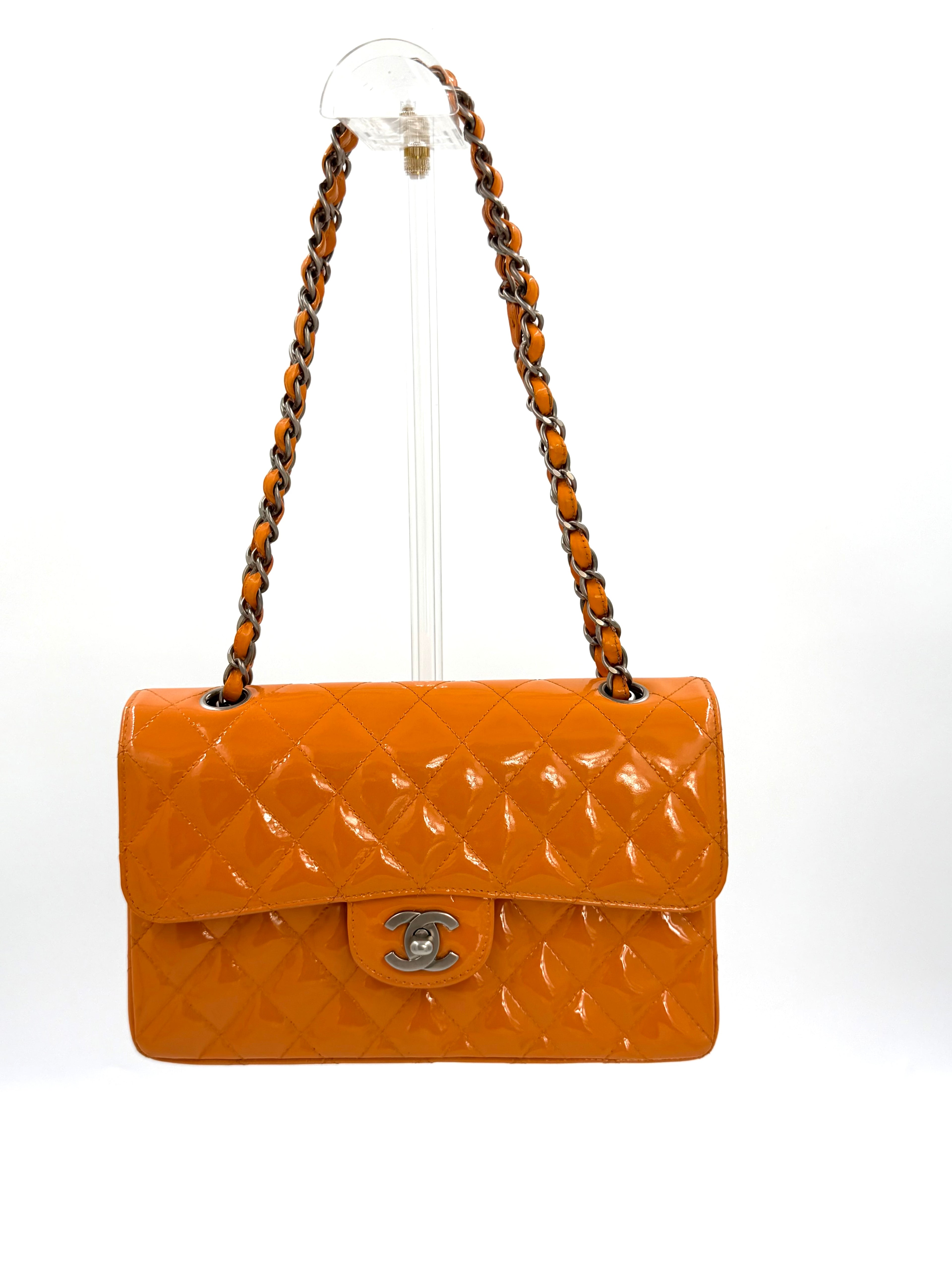 Pre-owned Chanel Classic Double Flap Bag Quilted Patent Medium Orange - Authenticated