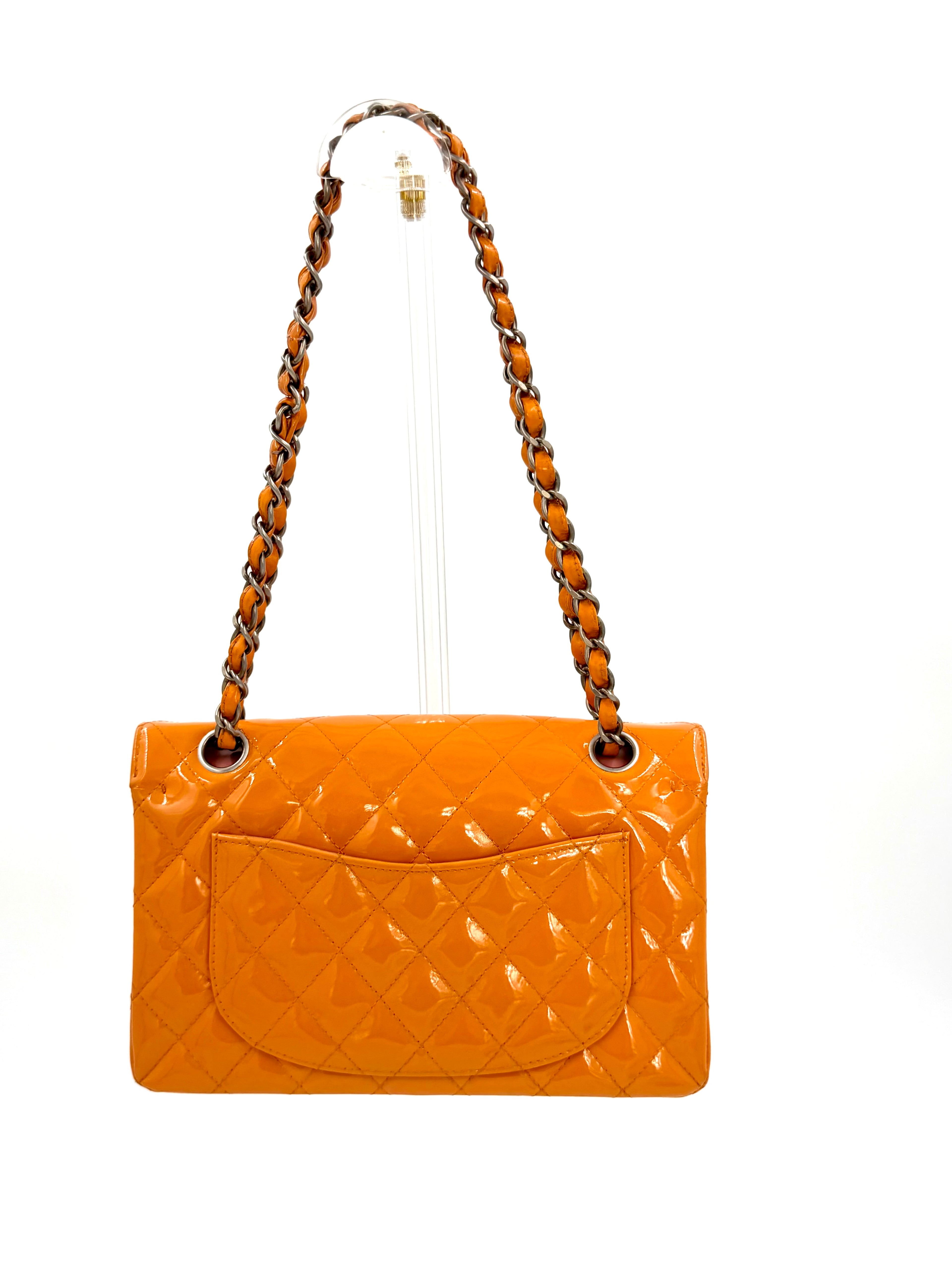 Pre-owned Chanel Classic Double Flap Bag Quilted Patent Medium Orange - Authenticated