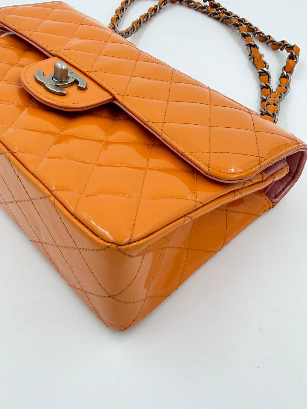 Pre-owned Chanel Classic Double Flap Bag Quilted Patent Medium Orange - Authenticated