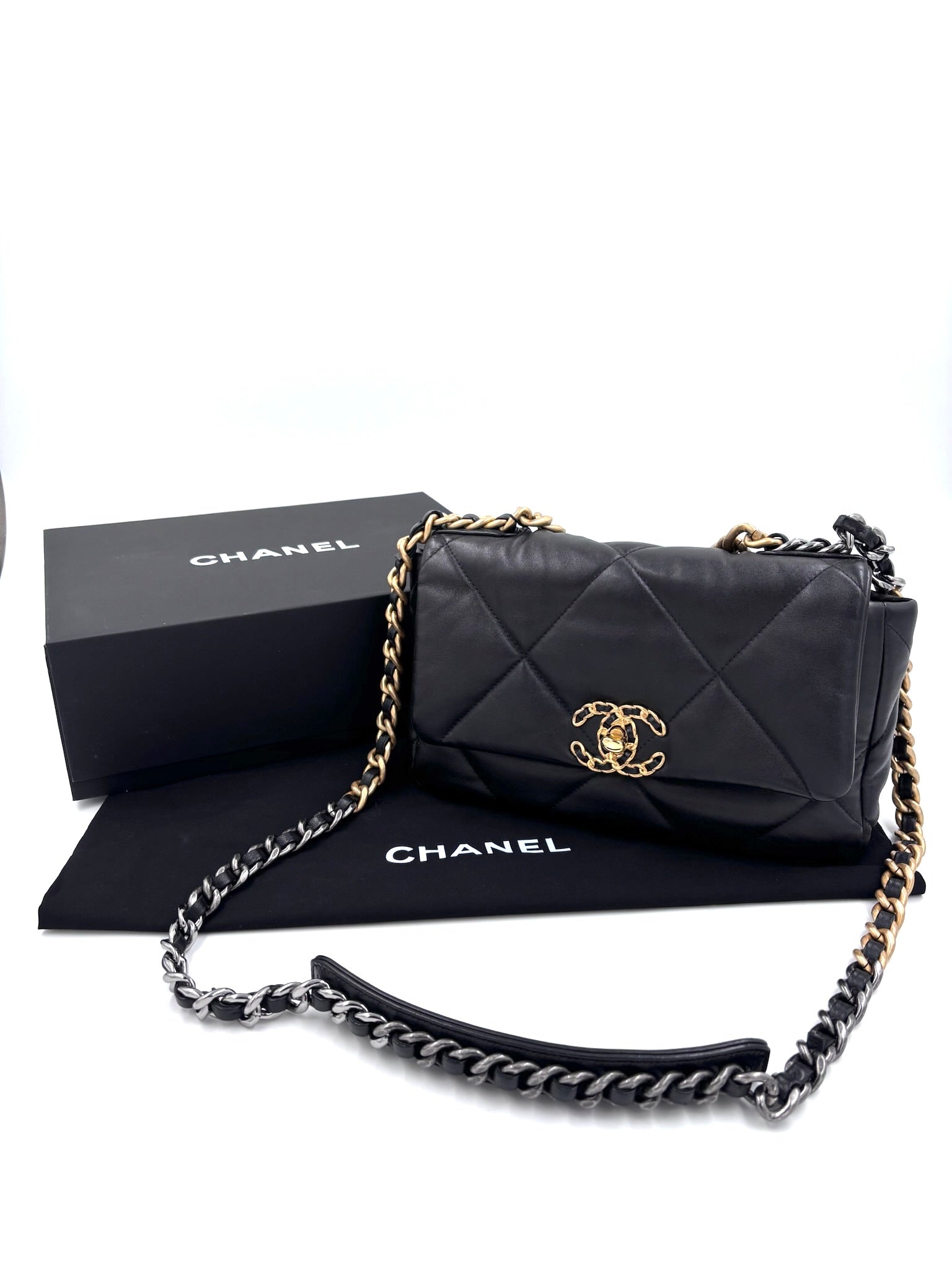 Pre-owned Chanel 19 Small Black Quilted Lambskin Flap Bag - Authenticated