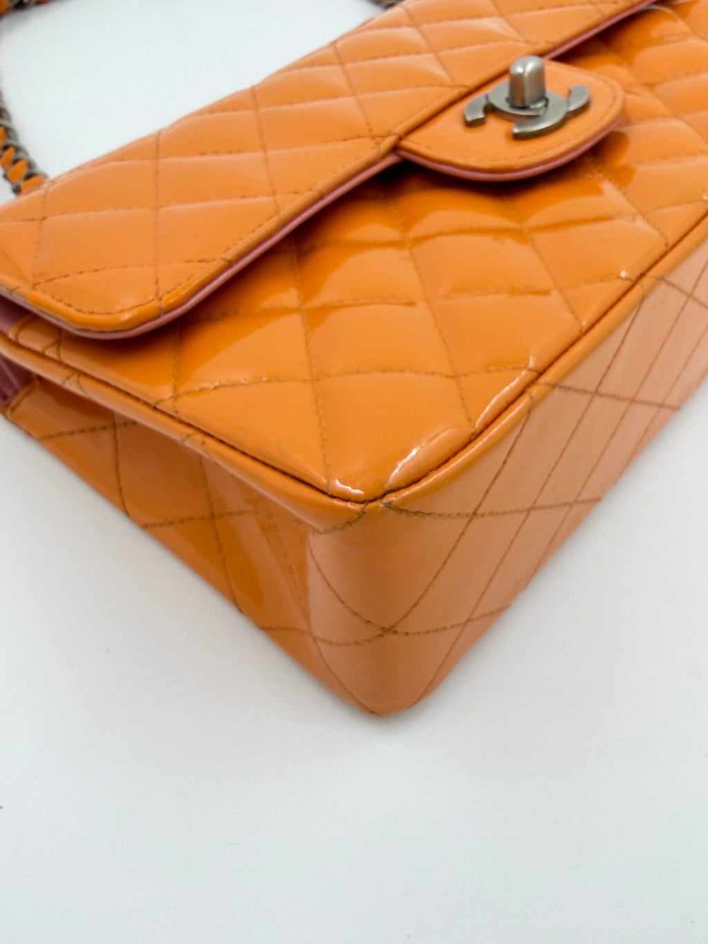 Pre-owned Chanel Classic Double Flap Bag Quilted Patent Medium Orange - Authenticated
