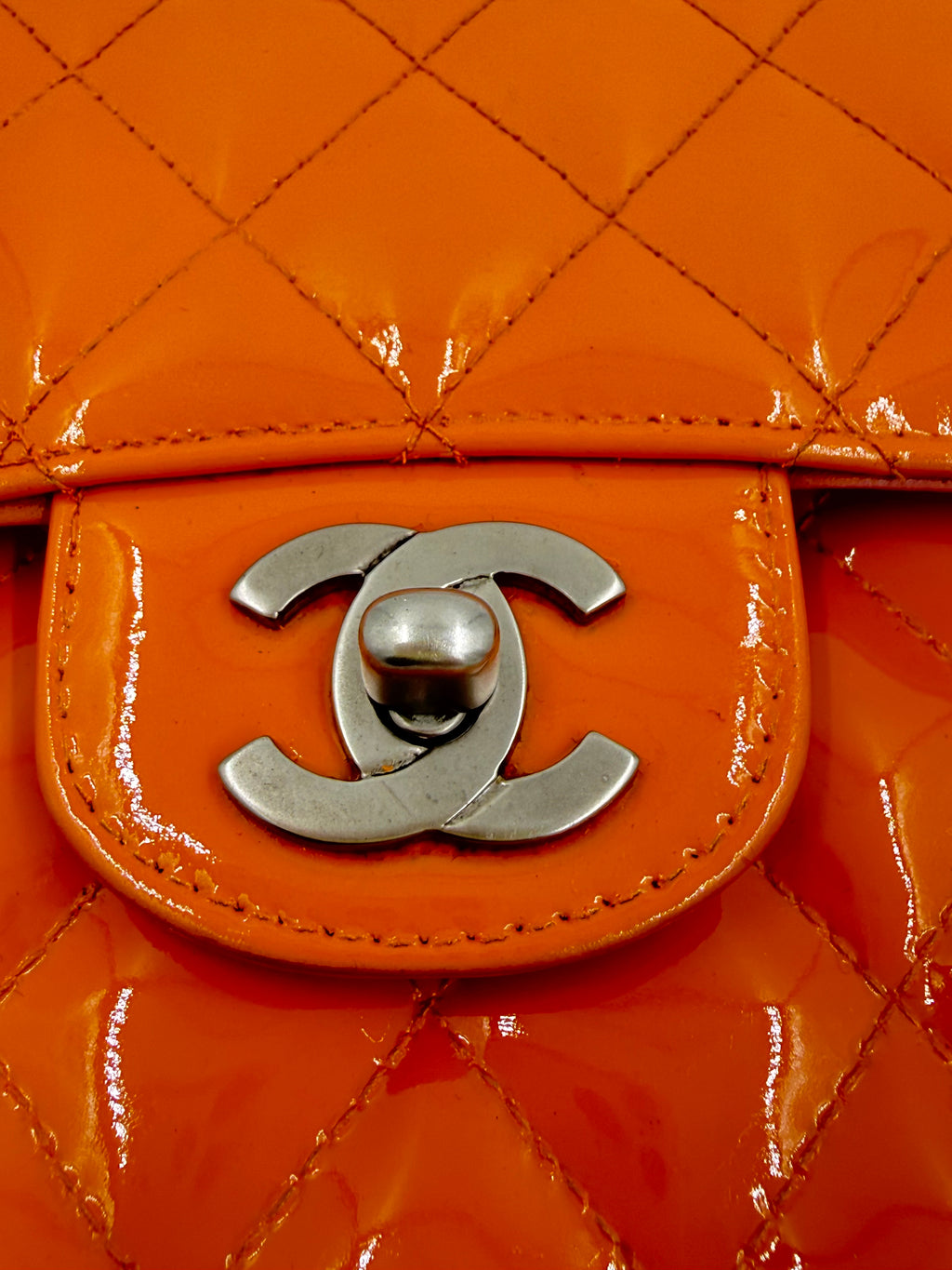 Pre-owned Chanel Classic Double Flap Bag Quilted Patent Medium Orange - Authenticated
