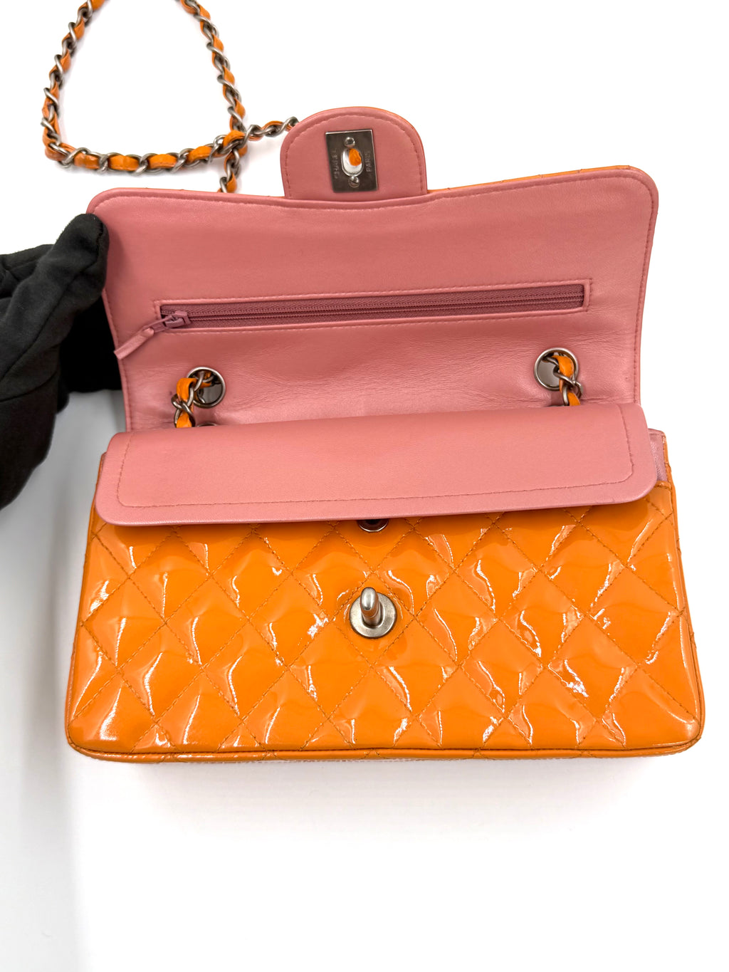 Pre-owned Chanel Classic Double Flap Bag Quilted Patent Medium Orange - Authenticated