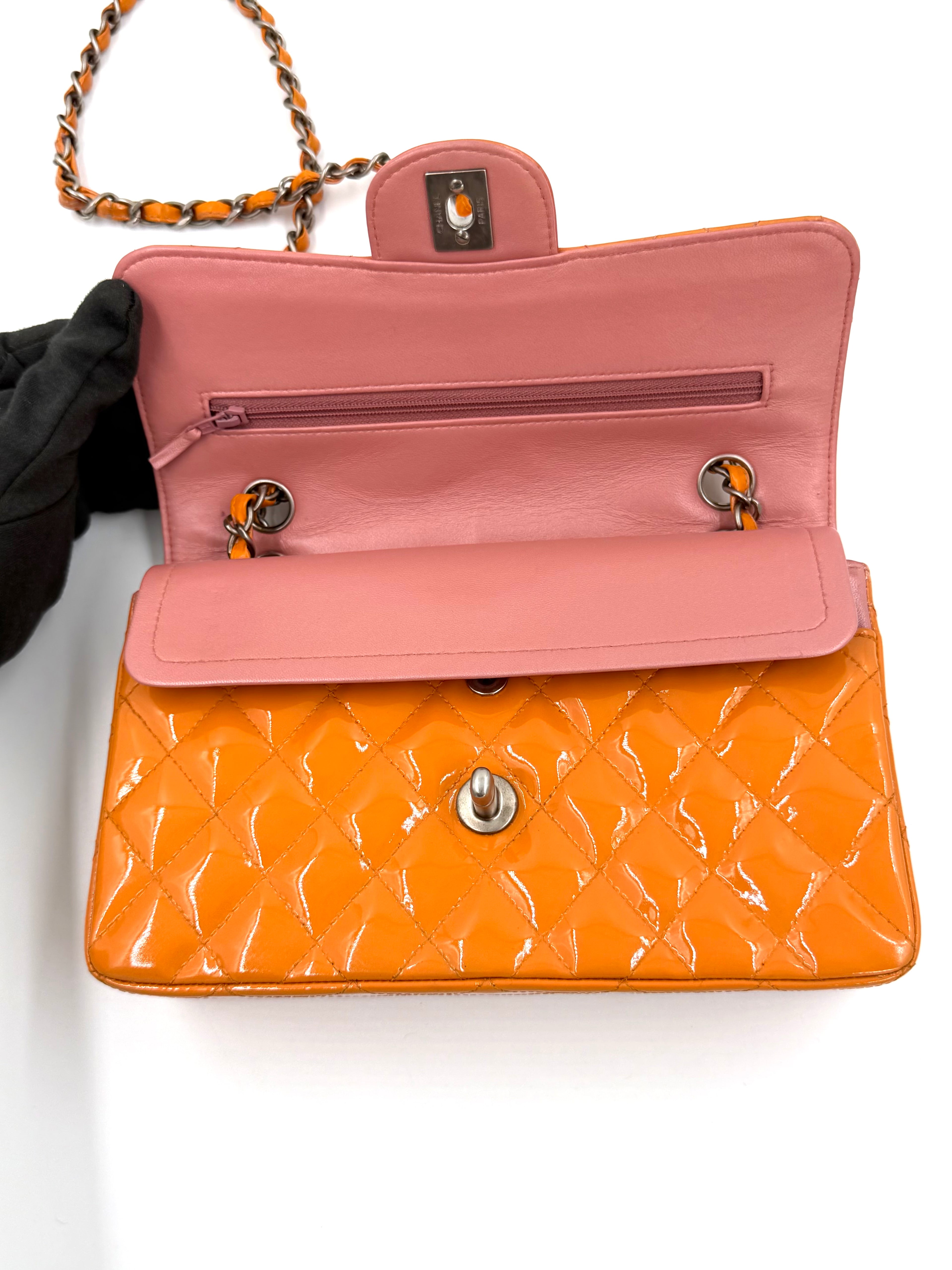Pre-owned Chanel Classic Double Flap Bag Quilted Patent Medium Orange - Authenticated