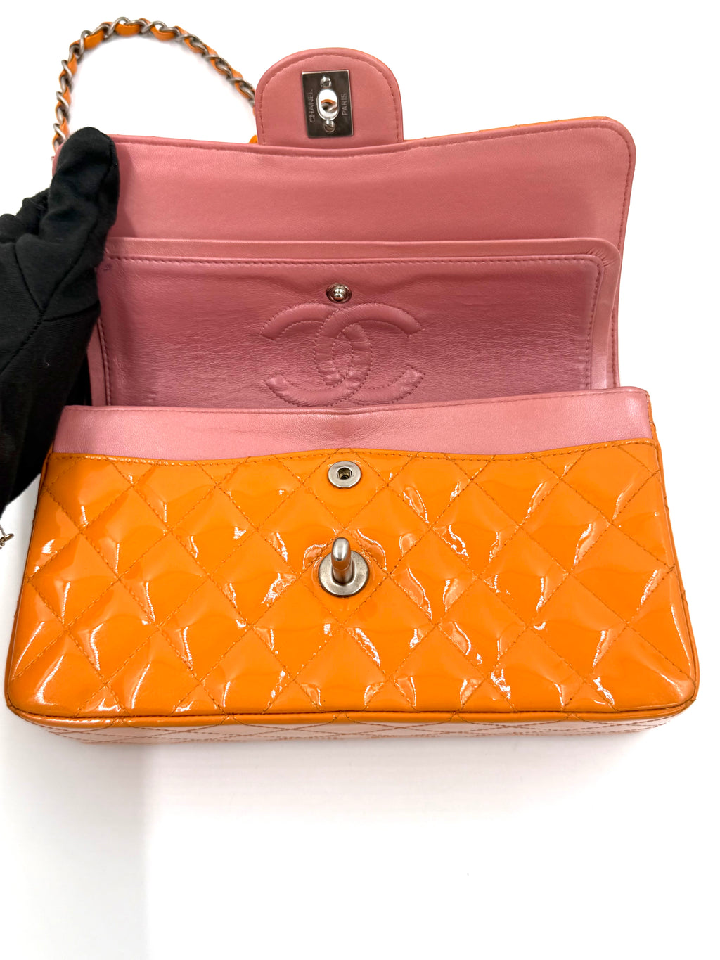 Pre-owned Chanel Classic Double Flap Bag Quilted Patent Medium Orange - Authenticated