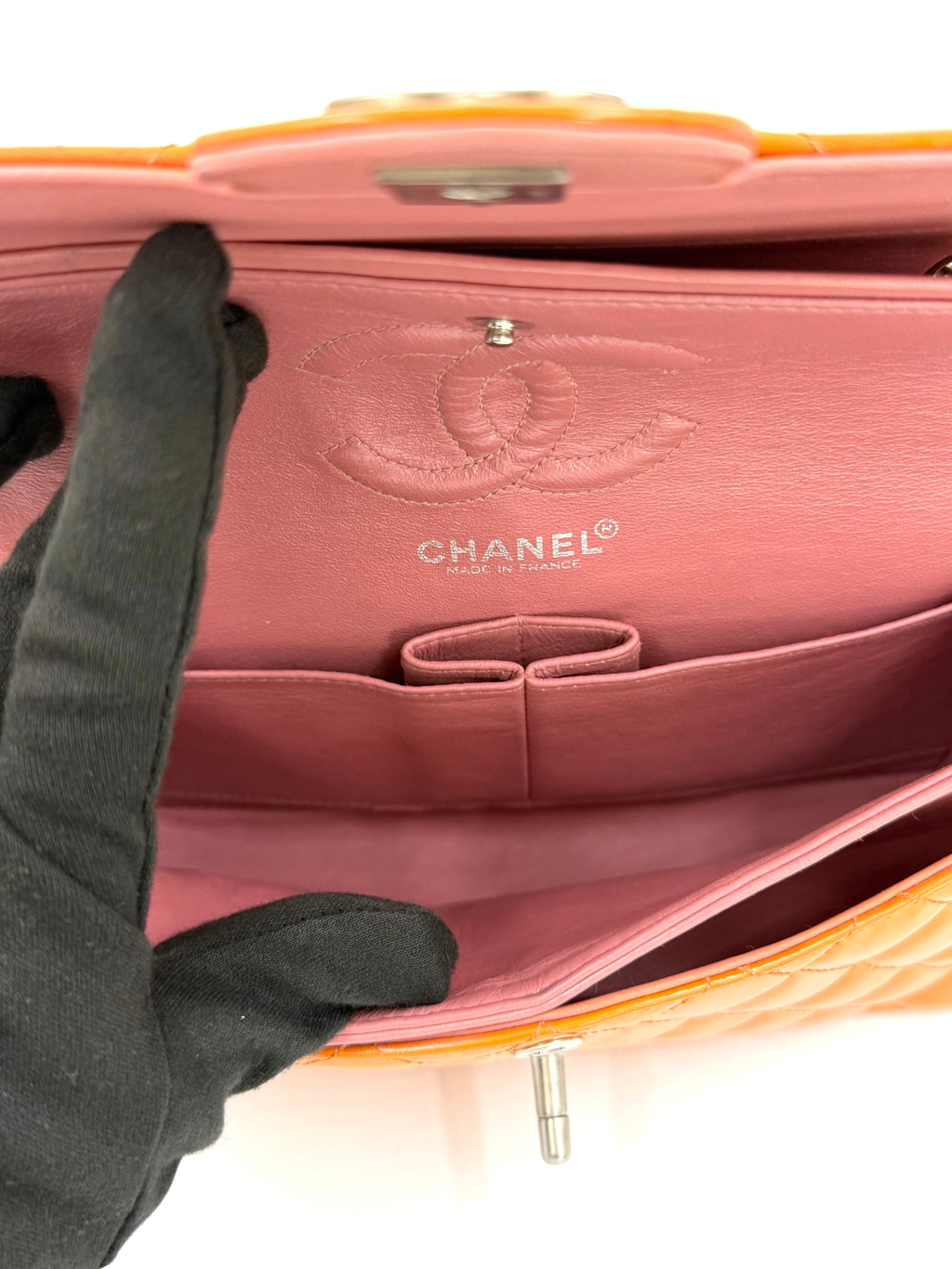 Pre-owned Chanel Classic Double Flap Bag Quilted Patent Medium Orange - Authenticated