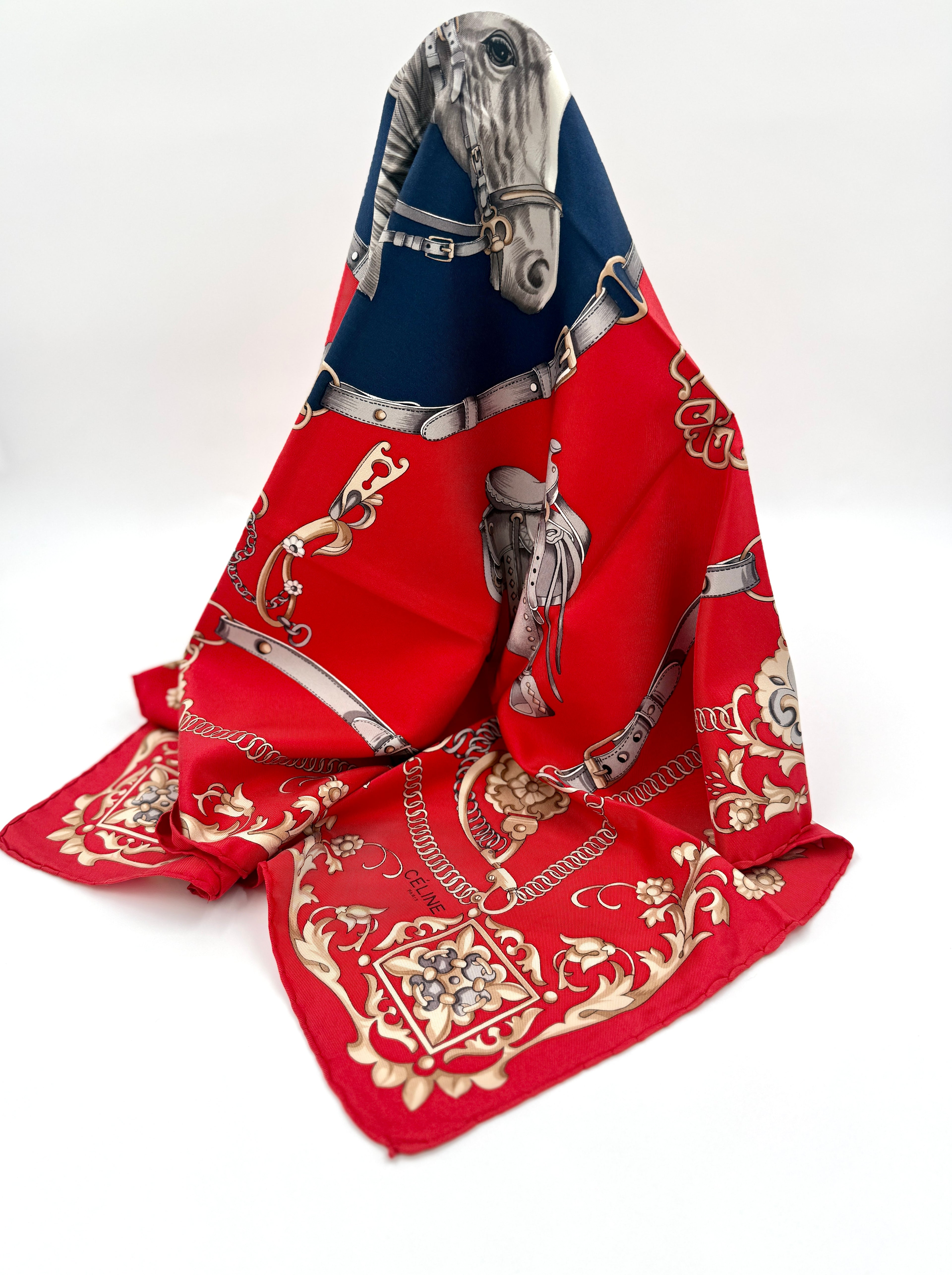 Pre-Owned Celine Equestrian Red 35" Silk Scarf - Unused in Original Envelope - Authenticated