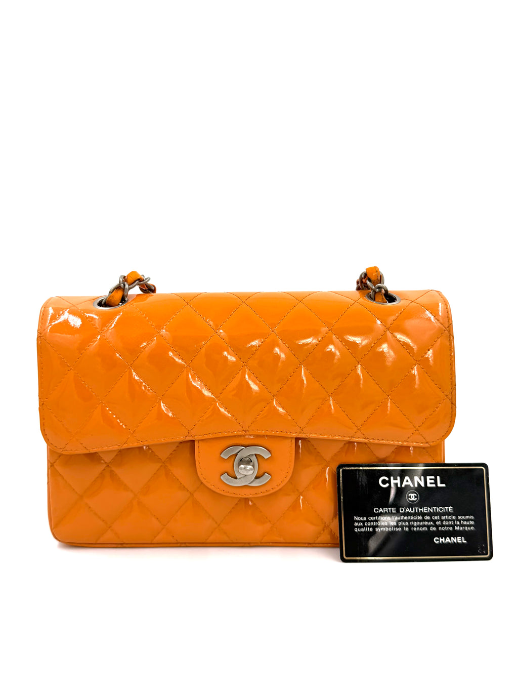 Pre-owned Chanel Classic Double Flap Bag Quilted Patent Medium Orange - Authenticated