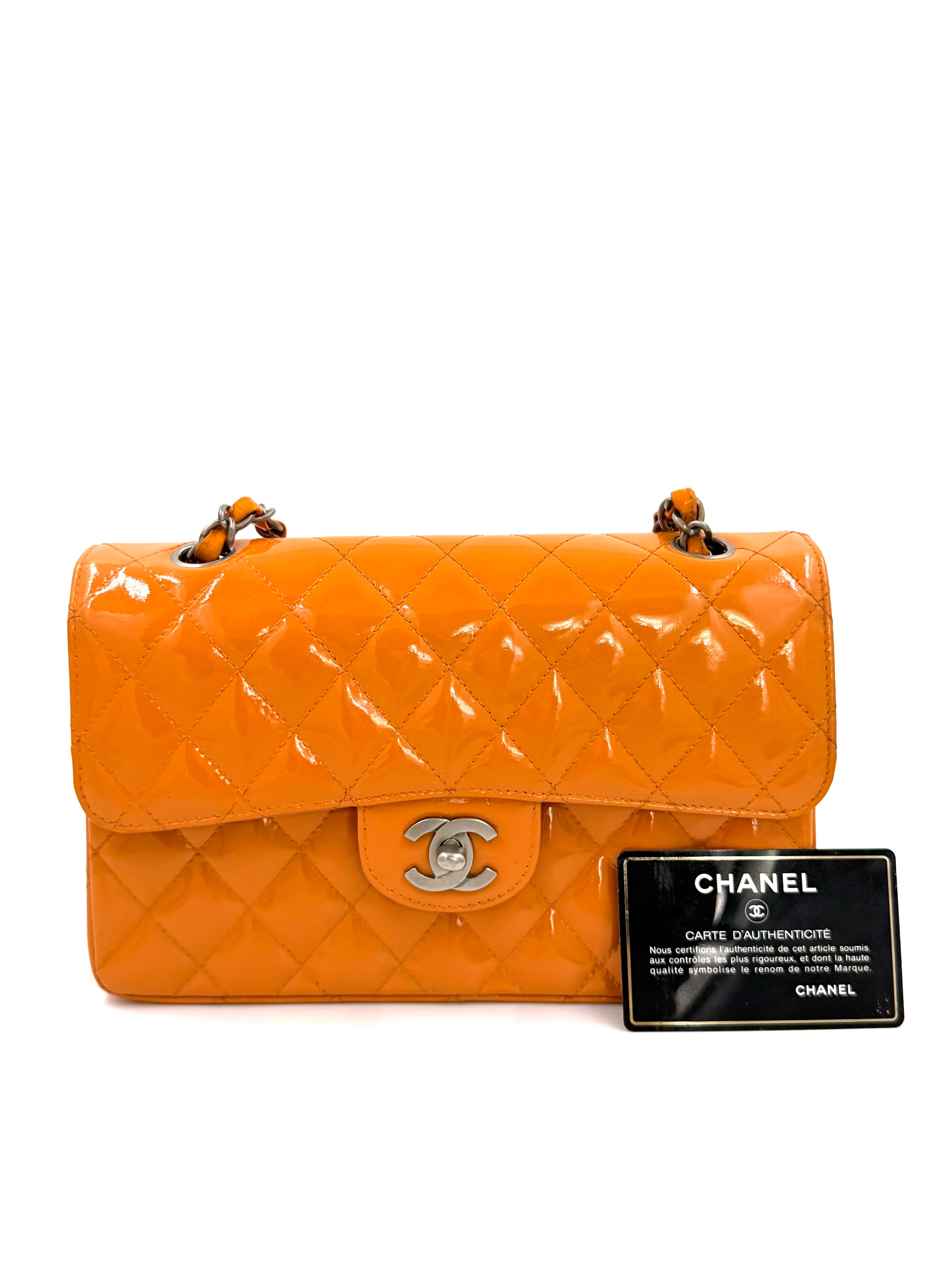 Pre-owned Chanel Classic Double Flap Bag Quilted Patent Medium Orange - Authenticated