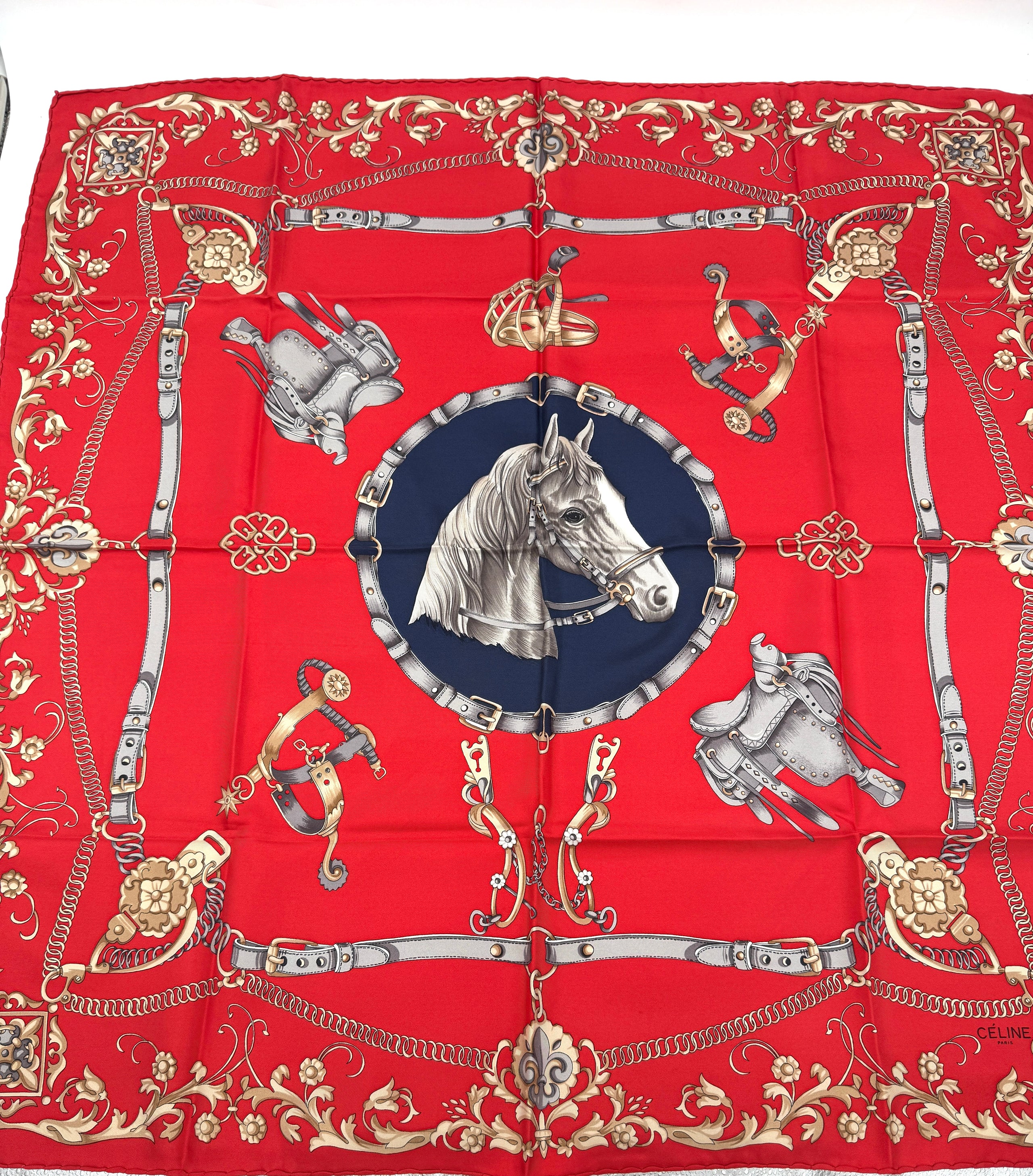Pre-Owned Celine Equestrian Red 35" Silk Scarf - Unused in Original Envelope - Authenticated
