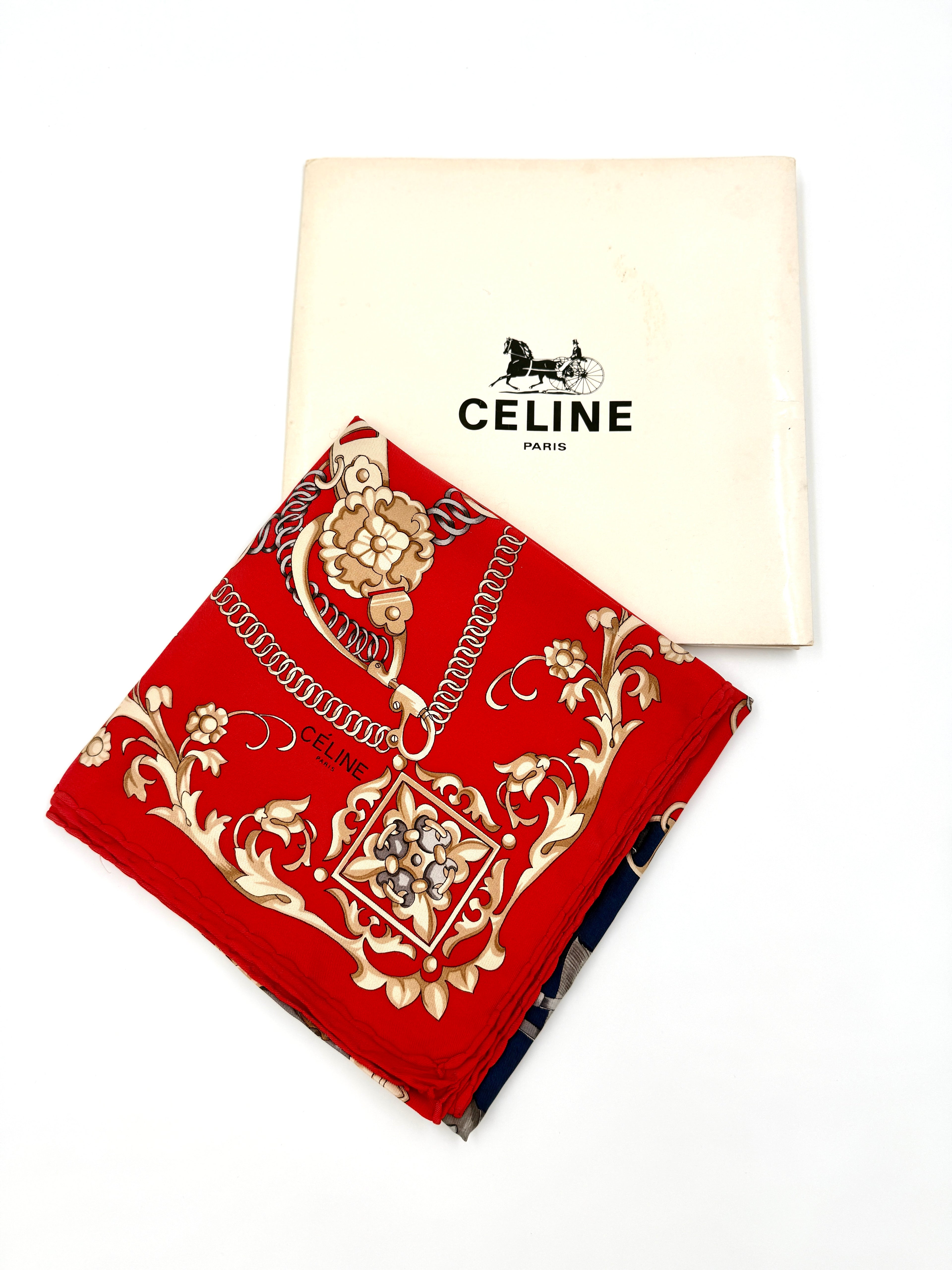 Pre-Owned Celine Equestrian Red 35" Silk Scarf - Unused in Original Envelope - Authenticated