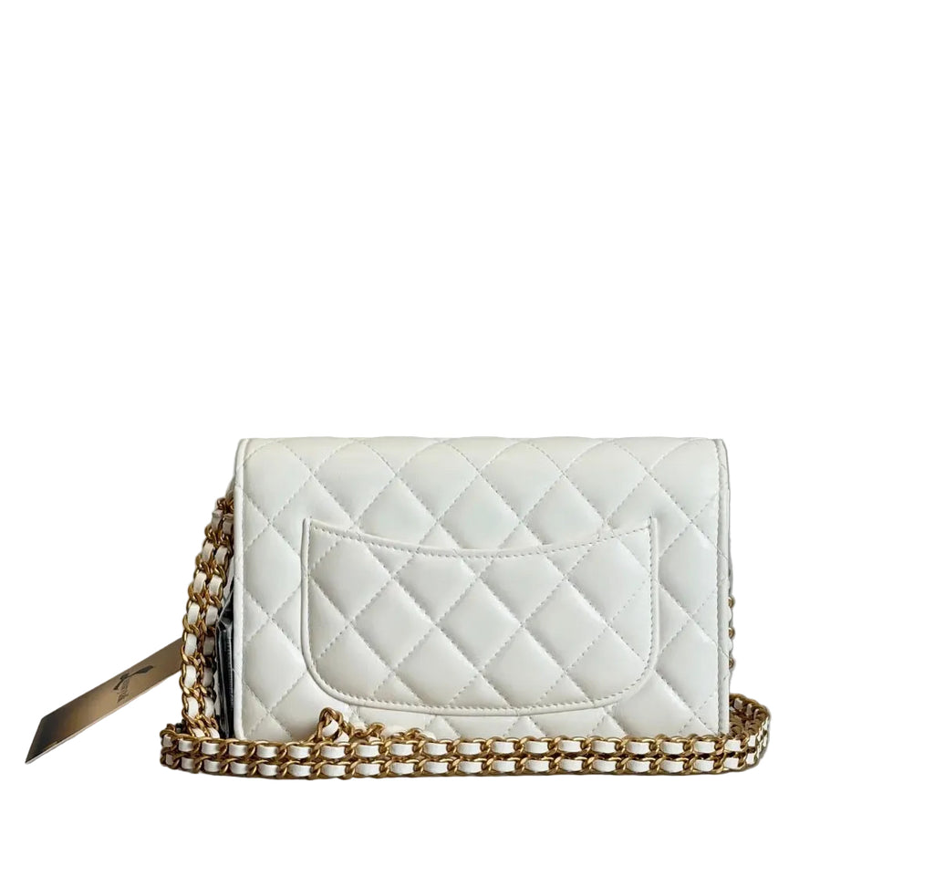Pre-owned Chanel Lambskin Quilted Romance Wallet On Chain White Aged Gold Hardware - Authenticated