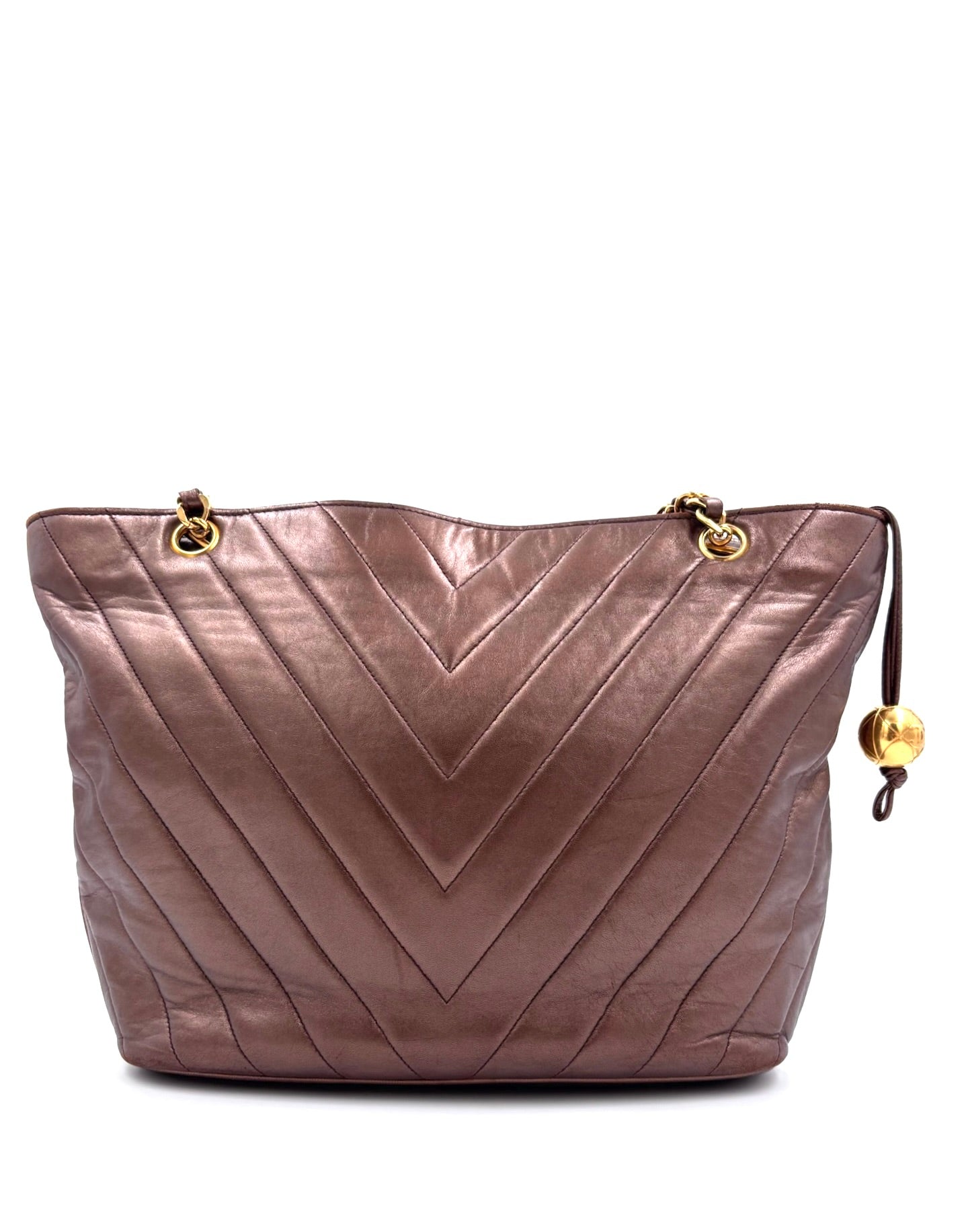 Pre-owned Chanel Metallic Brown Chevron Leather Shoulder Tote - Authenticated