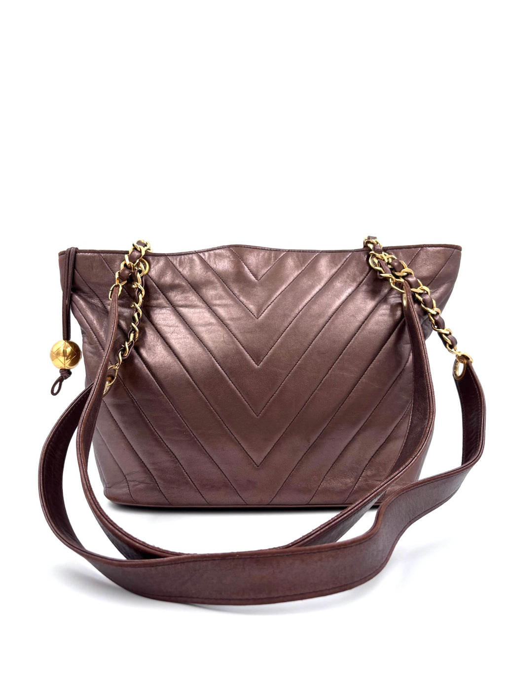 Pre-owned Chanel Metallic Brown Chevron Leather Shoulder Tote - Authenticated