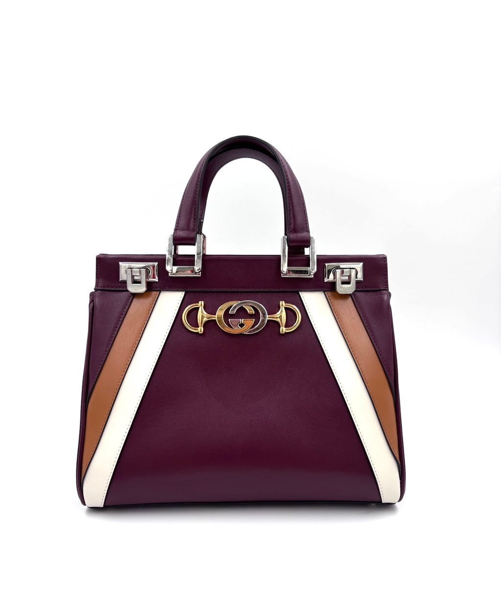 Pre-owned Gucci Smooth Calfskin Small Zumi Top Handle Bag Vintage Bordeaux White Friky Taupe - Authenticated