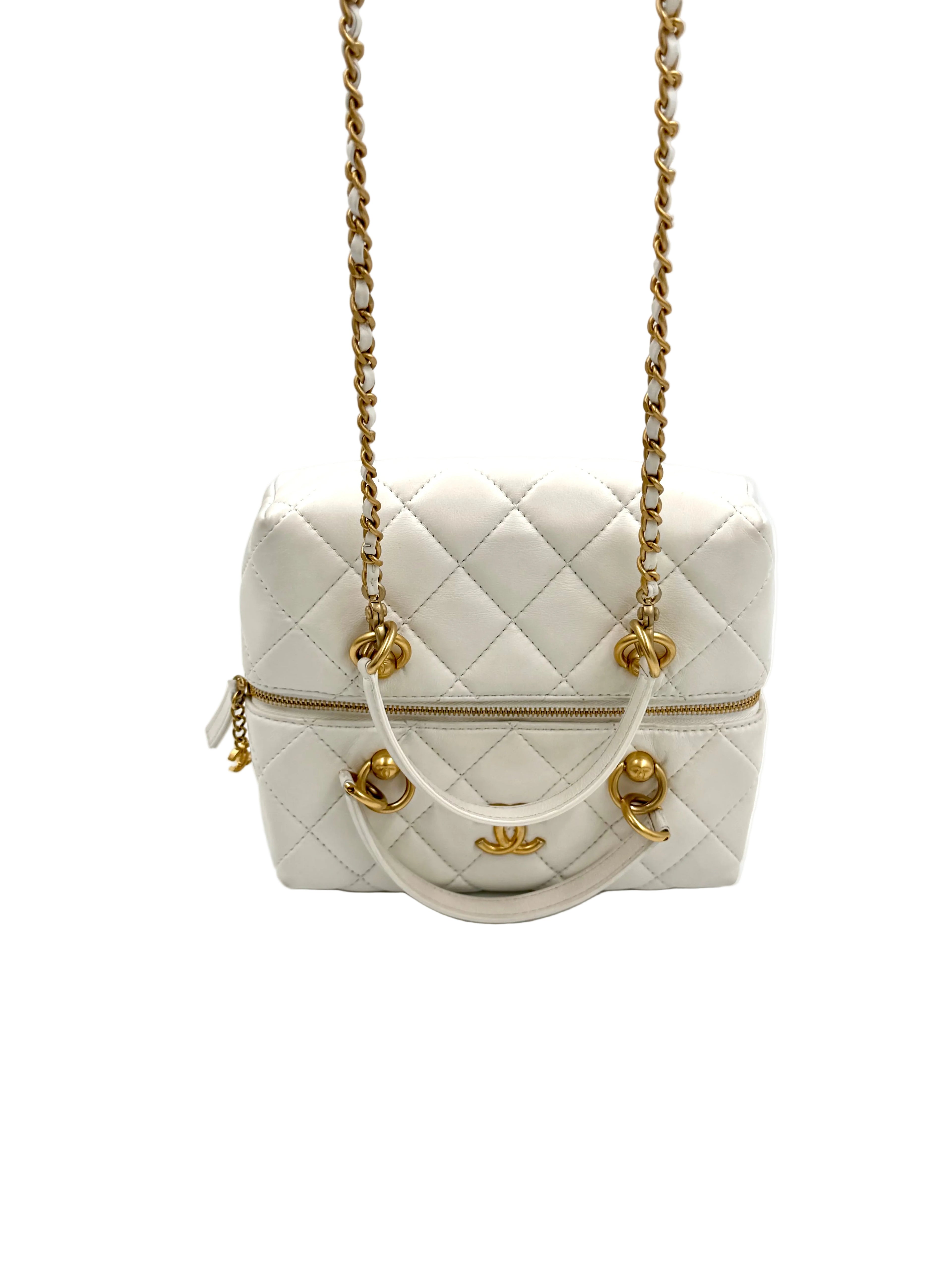 Pre-owned Chanel White Calfskin Quilted Métiers D'Art Square Top Handle With Chain - Authenticated