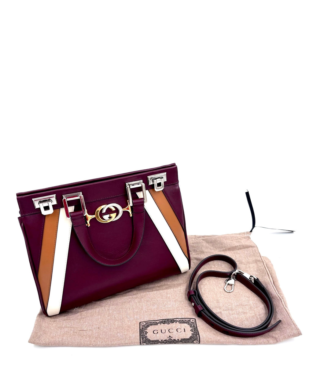 Pre-owned Gucci Smooth Calfskin Small Zumi Top Handle Bag Vintage Bordeaux White Friky Taupe - Authenticated