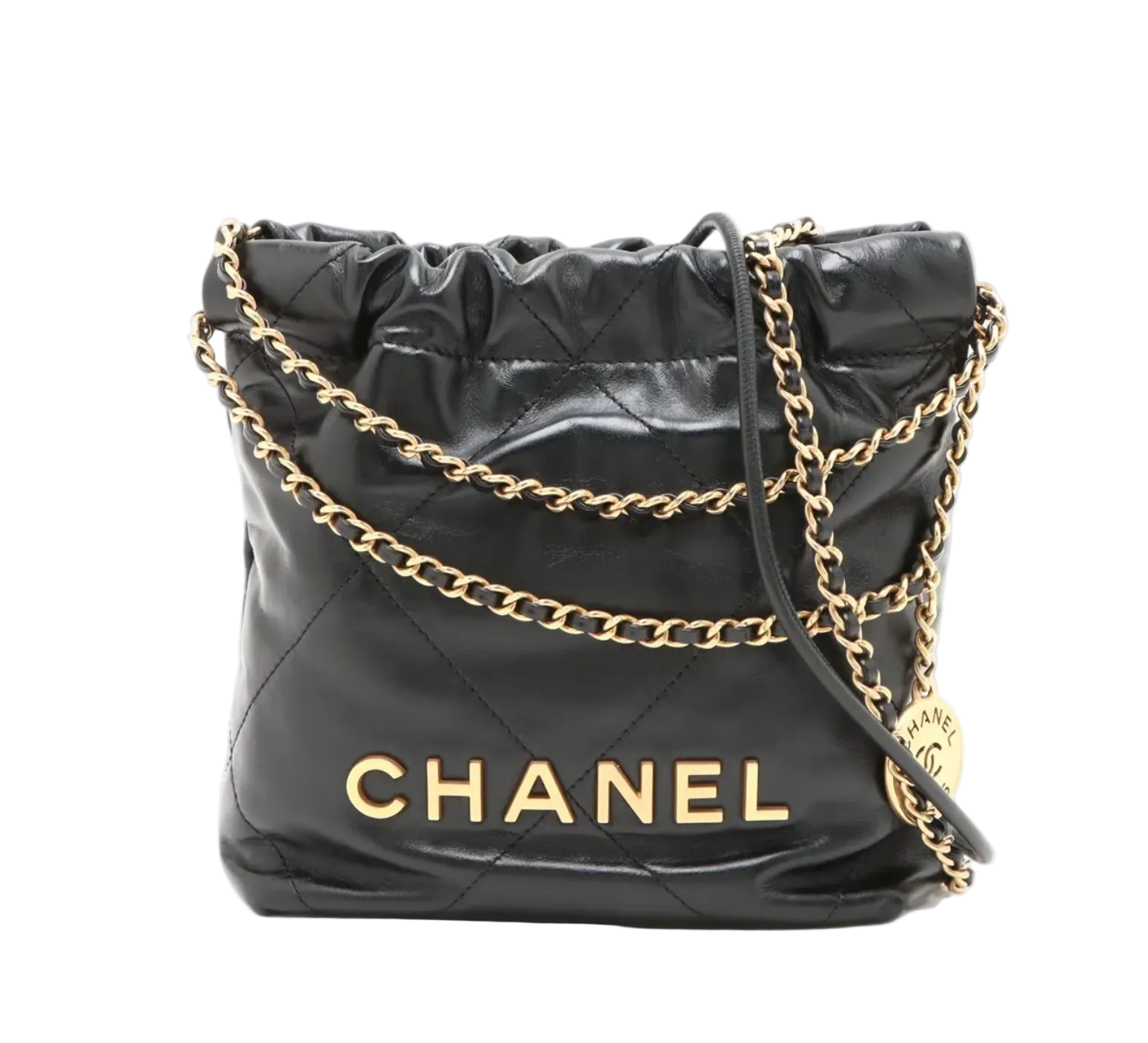 Pre-owned Chanel 22 Mini Handbag Black Shiny Calfskin Gold Hardware - Authenticated