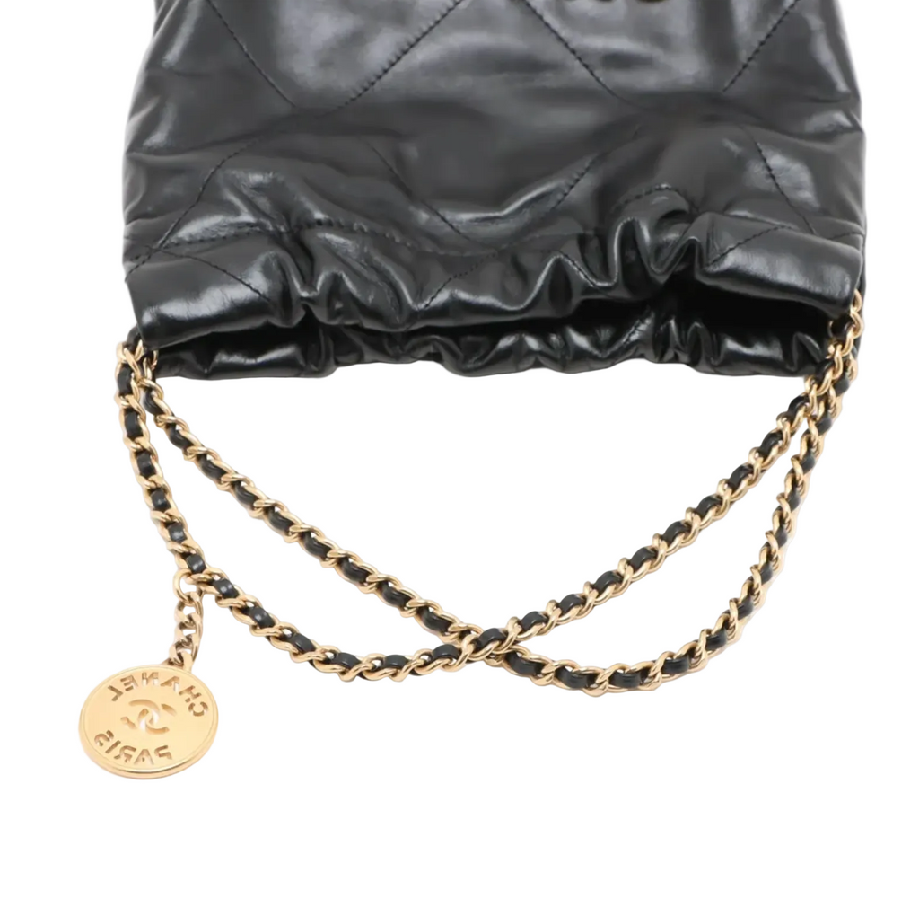 Pre-owned Chanel 22 Mini Handbag Black Shiny Calfskin Gold Hardware - Authenticated