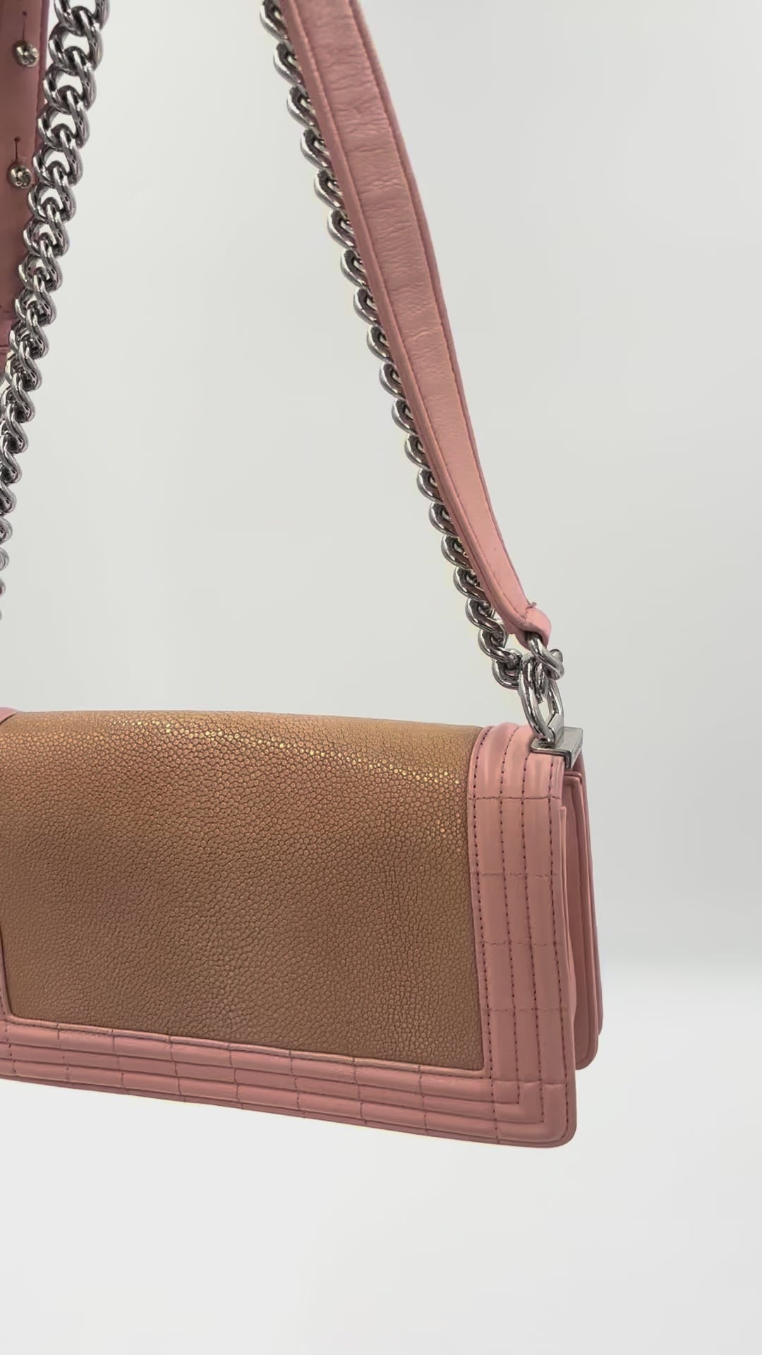 Pre-Owned Chanel Rare Pink and Nude Medium Galuchat Stingray Leather Boy Bag with Chrome Hardware - Authenticated