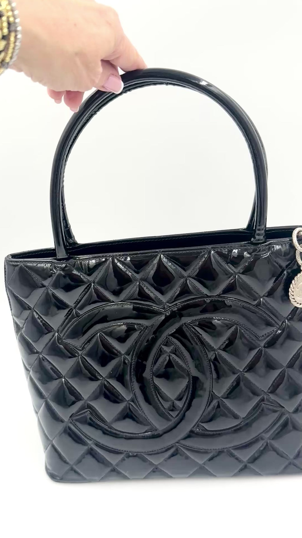 Pre-Owned Chanel Black Quilted Patent Leather Medallion Tote Bag with Silver Hardware - Authenticated