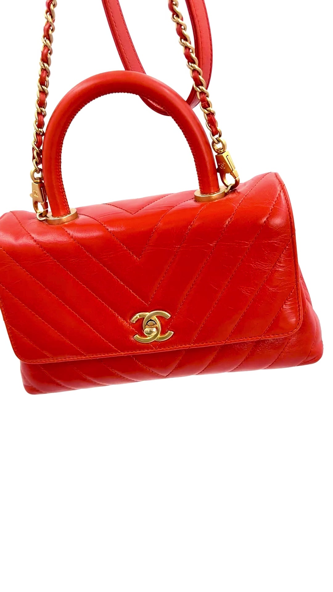 Pre-owned Chanel Orange Chevron Mini Coco Handle Bag Gold Hardware - Authenticated