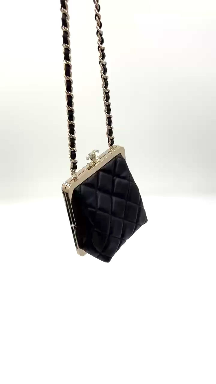 Pre-owned Chanel Black Lambskin and Black Lacquer Plexi Quilted Small Evening Bag Champagne Gold Hardware - Authenticated