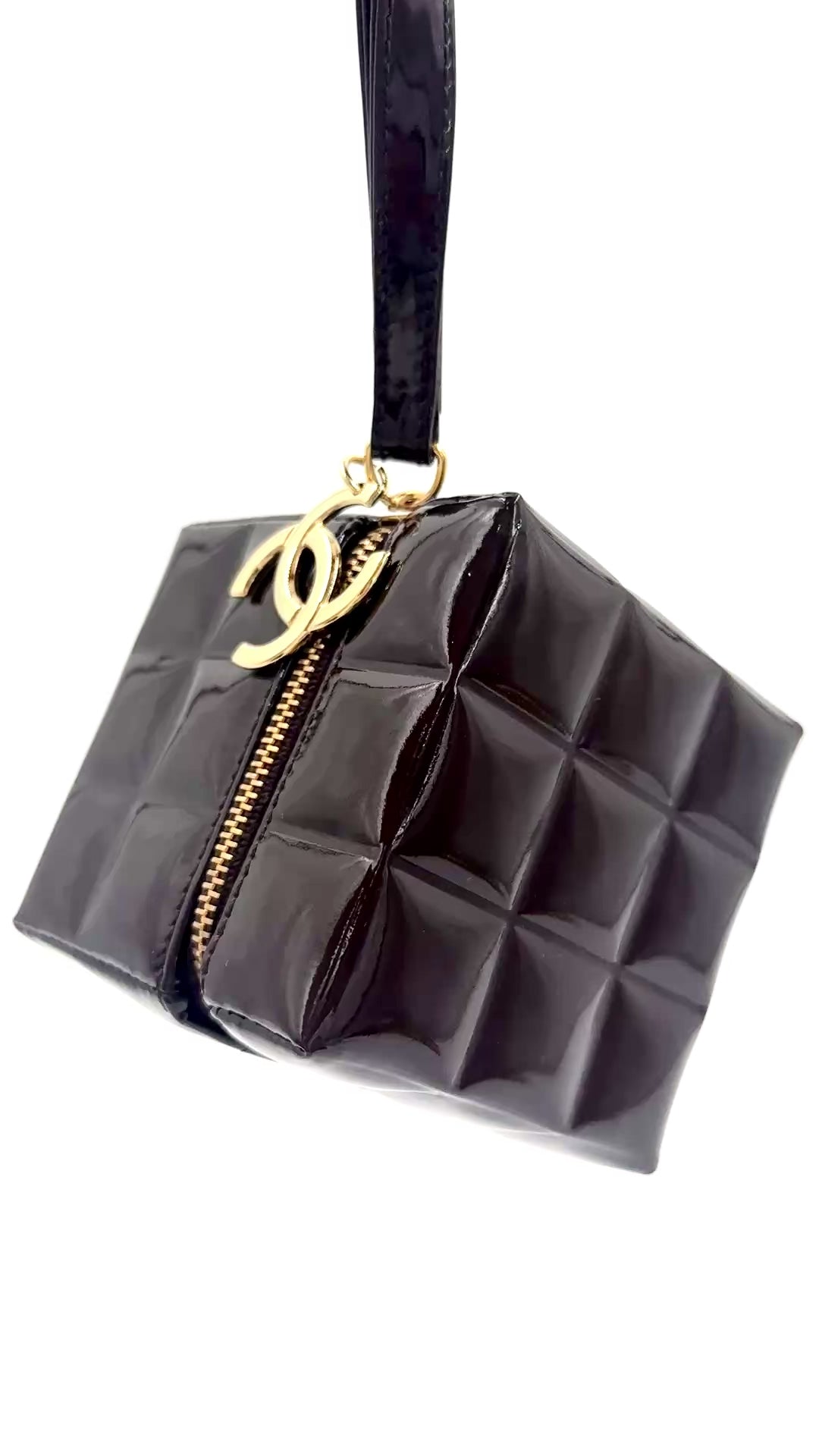 Pre-Owned Chanel Chocolate Bar Brown Patent Leather Cube Wristlet, Rare Collectible - Authenticated