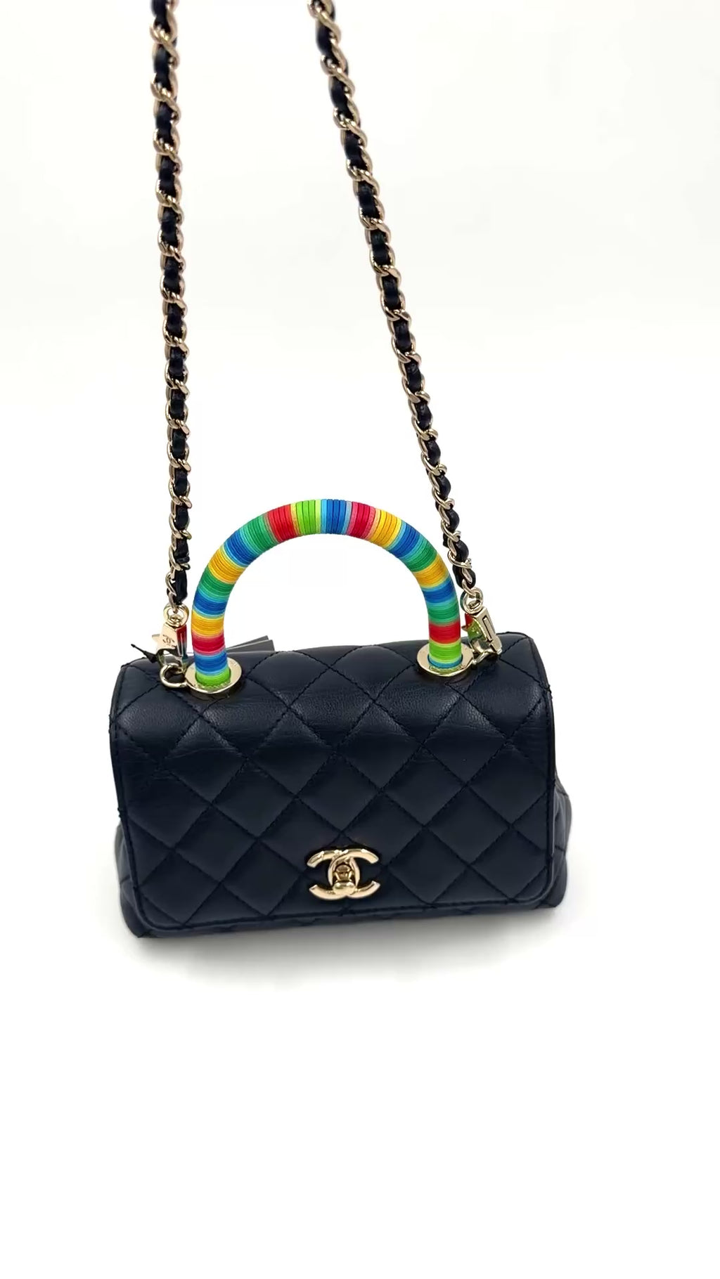 Pre-owned Chanel Extra Mini Coco Handle Flap Bag Navy Goatskin Rainbow Handle - Authenticated