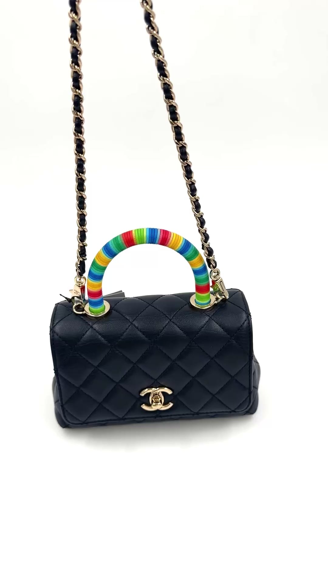 Pre-owned Chanel Extra Mini Coco Handle Flap Bag Navy Goatskin Rainbow Handle - Authenticated