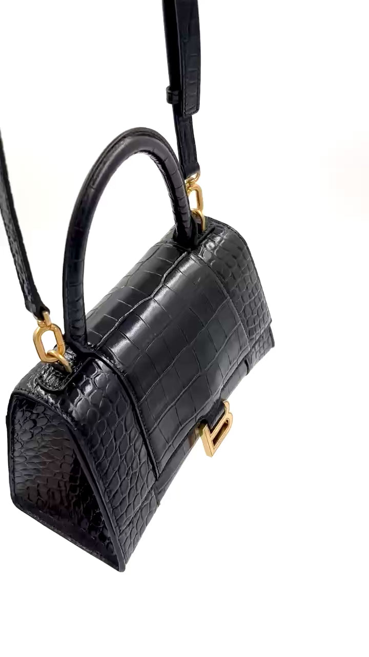 Pre-owned Balenciaga Croc Embossed Black Leather Hourglass Bag - Authenticated