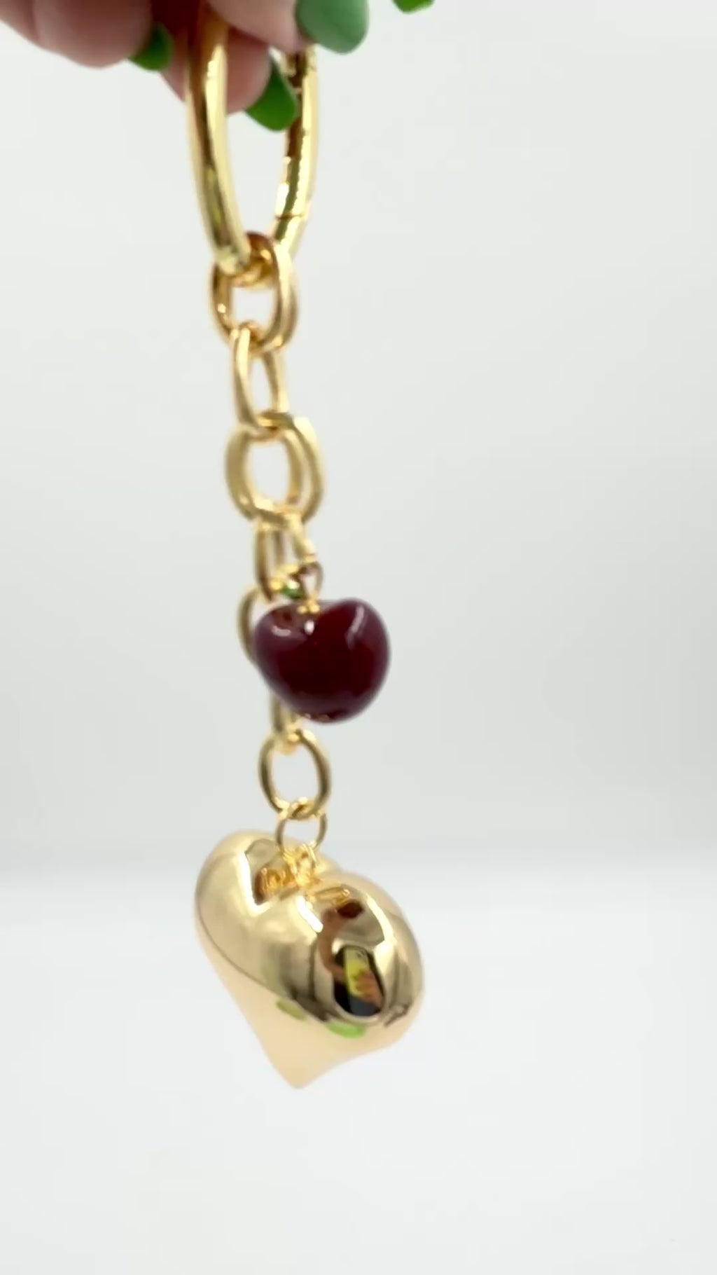 Hawley Revival Gold Filled Chain Bag Charm Puffy Heart Cherry