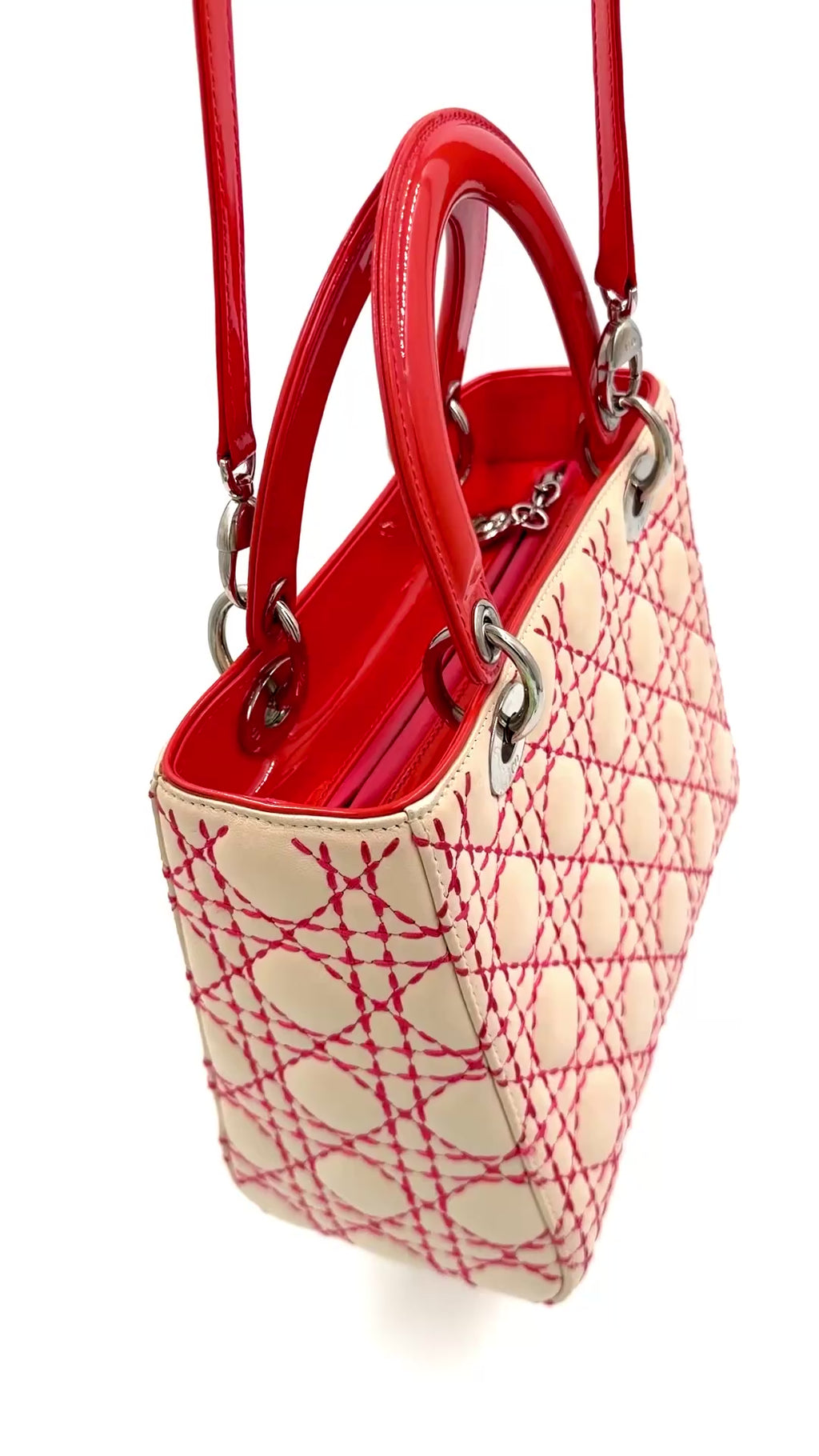 Pre-owned Christian Dior Medium Lady Dior Beige Patent Orange Handles Coral Stitching - Authenticated