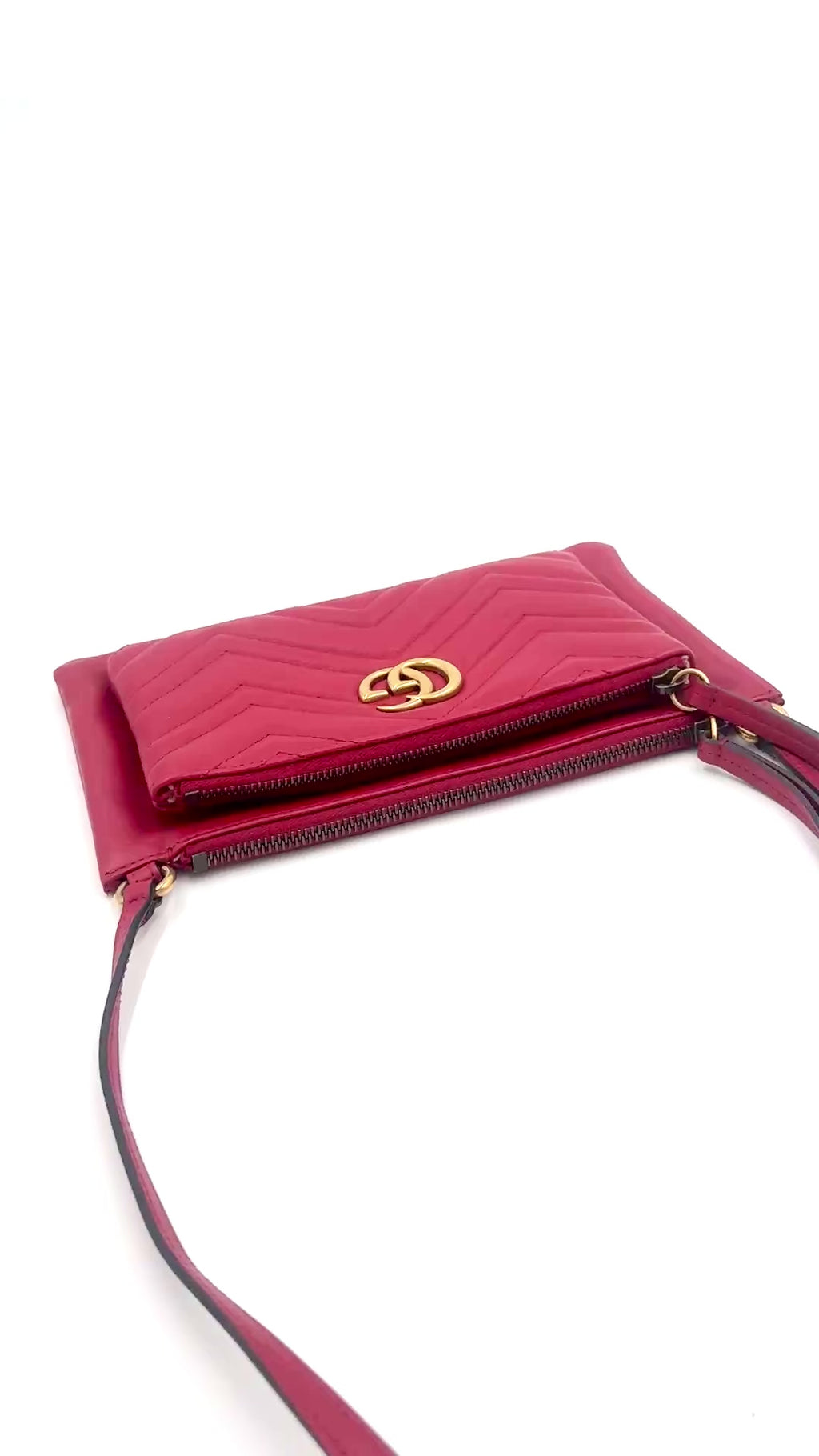 Pre-Owned Gucci GG Marmont Red Leather Crossbody Bag Double Zip - Authenticated