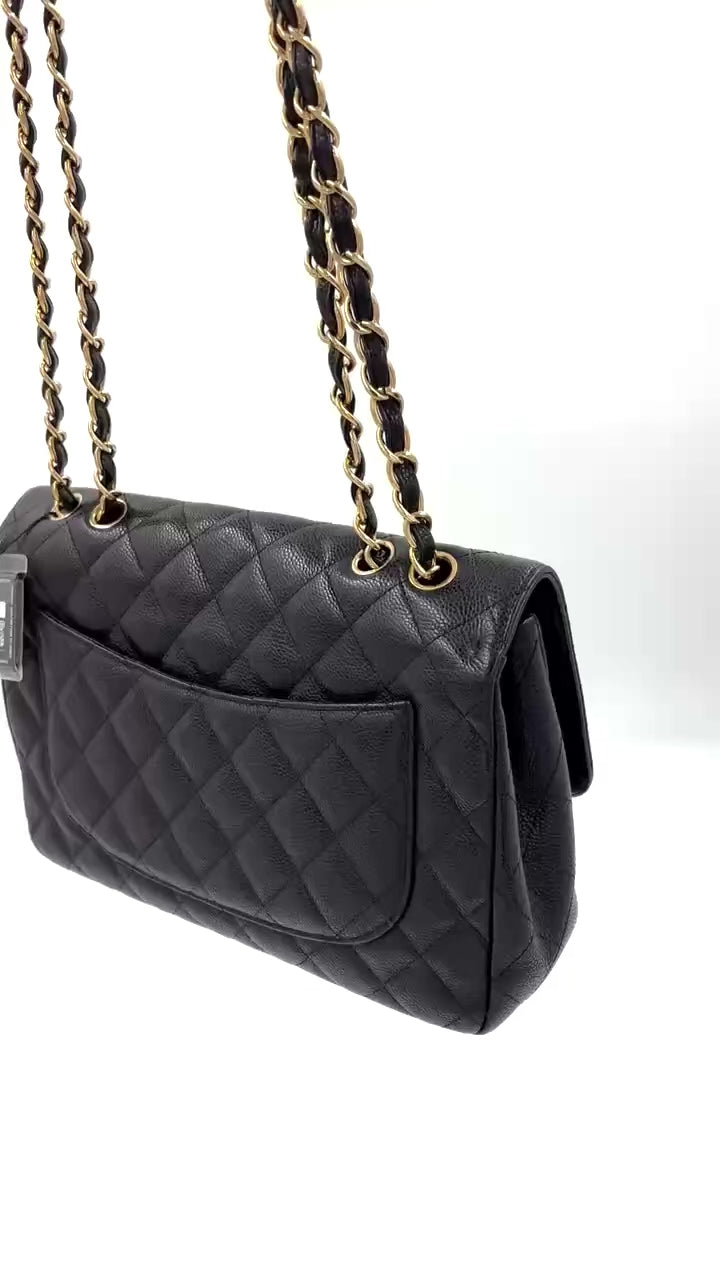 Pre-owned Chanel Black Caviar Single Flap Jumbo 24k Gold Plated Hardware - Authenticated