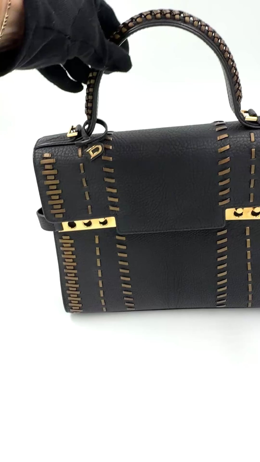 Pre-owned Delvaux Tempête MM Handbag Black Leather Bronze Stitching - Authenticated