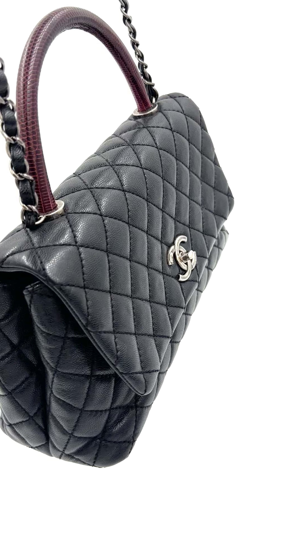 Pre-owned Chanel Coco Handle Bag, Black Caviar and Burgundy Lizard Skin - Authenticated