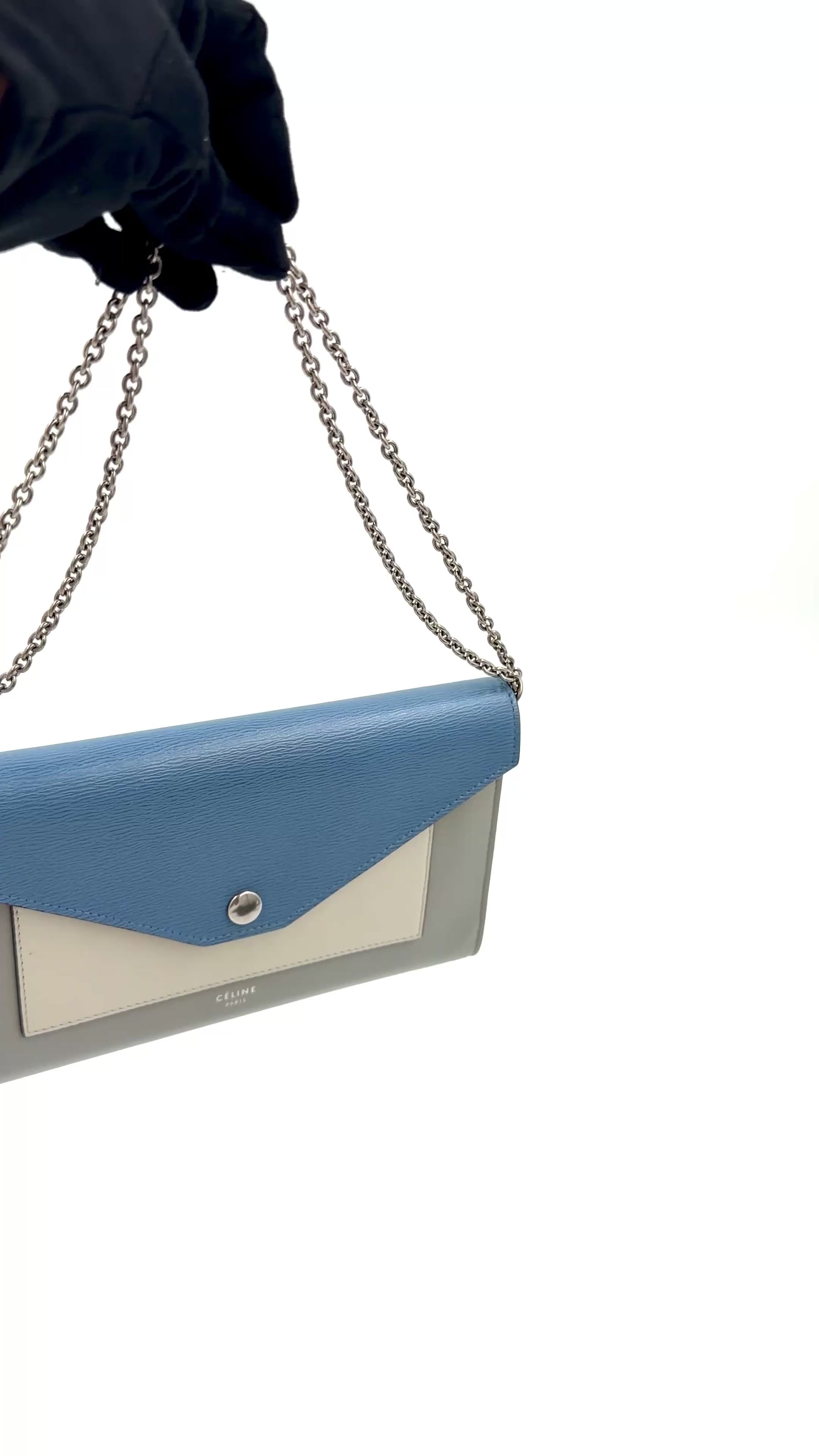 Pre-owned Celine Blue Tri-Color Calfskin Leather Large Wallet on Chain - Authenticated
