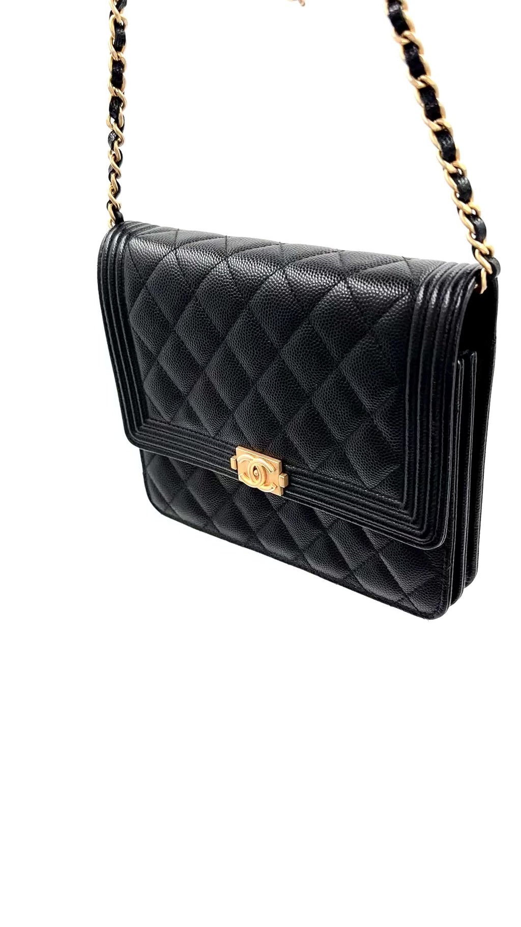 Pre-owned Chanel Boy Wallet on Chain (WOC) Black Caviar Gold Hardware - Authenticated