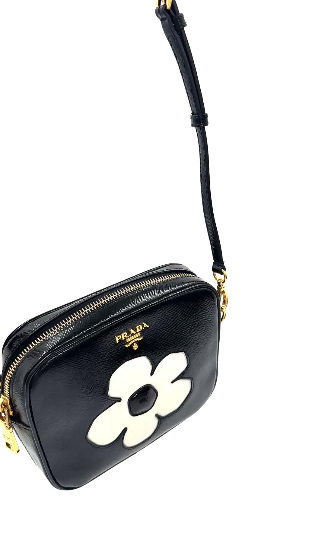 Pre-Owned Prada Black Saffiano Vernice Crossbody Bag White Flower - Authenticated