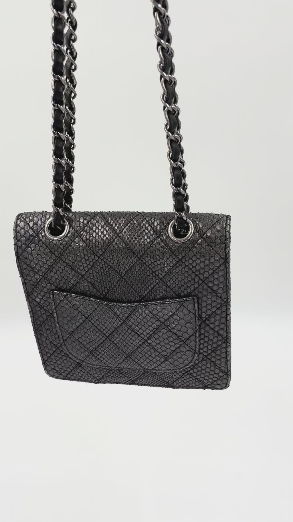 Pre-owned Chanel Small Metallic Gunmetal Snakeskin Flap Bag - Authenticated
